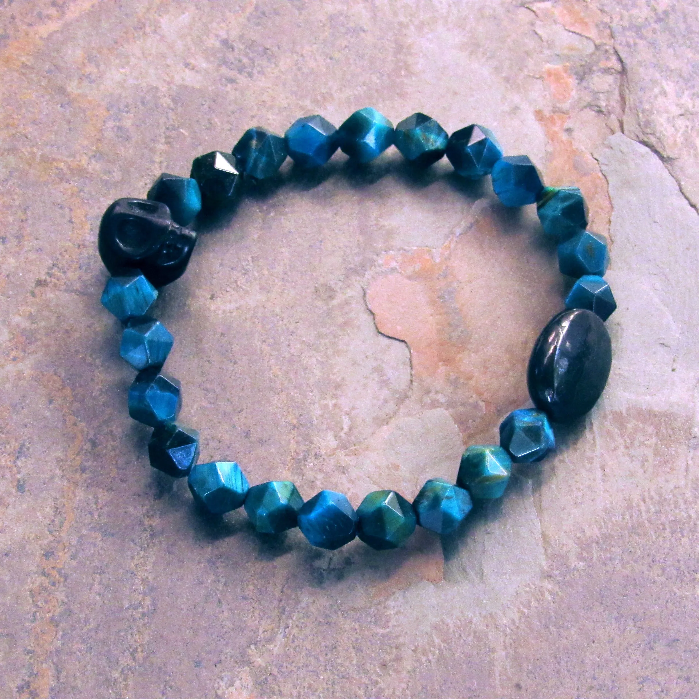 Men’s Blue Tiger’s Eye, Shungite, and Howlite Skull Stretch Bracelet