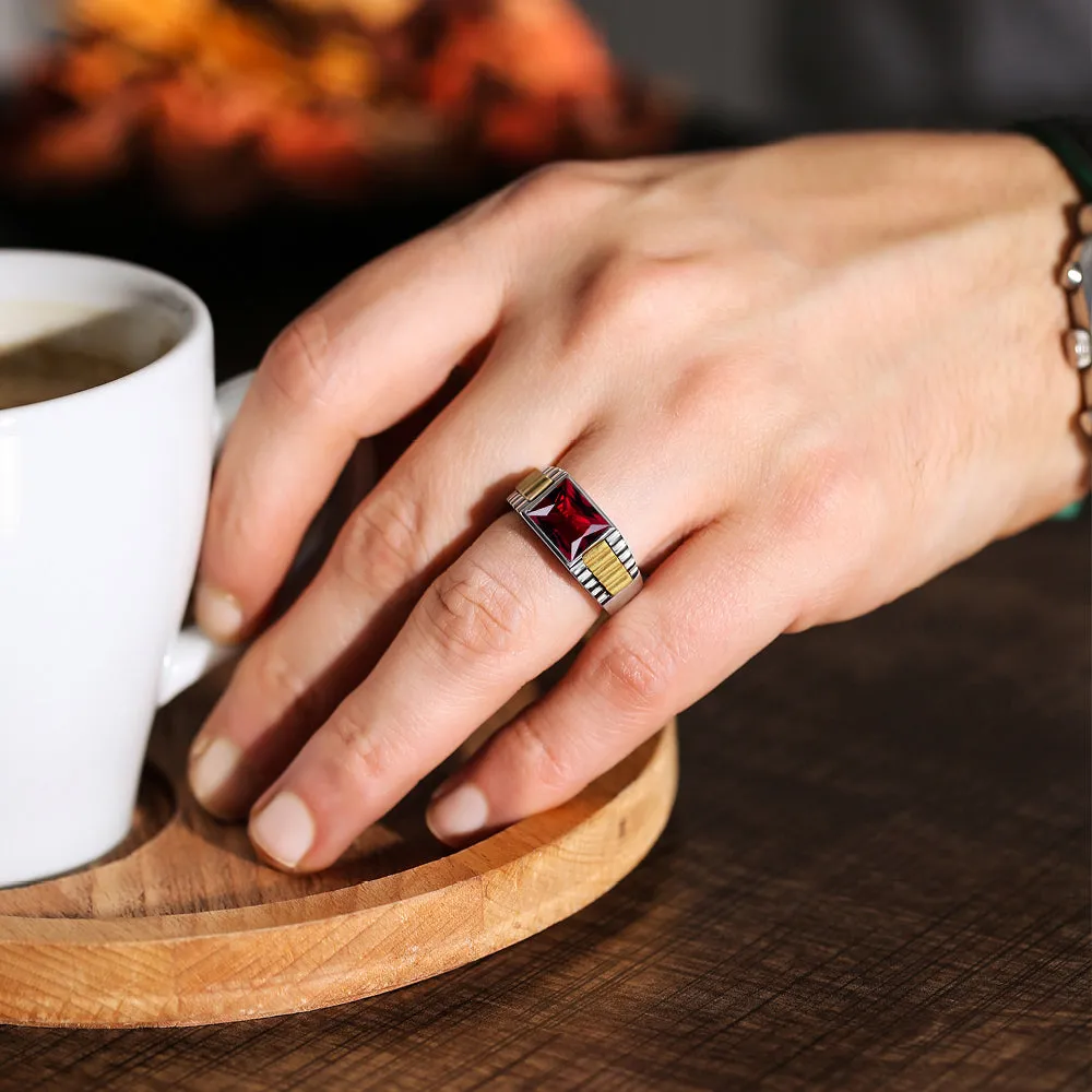 Mens Classic Style Solid Fine 14k White Gold Ring with Red Ruby Gemstone