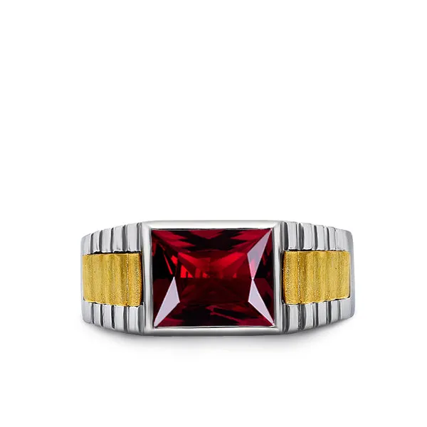 Mens Classic Style Solid Fine 14k White Gold Ring with Red Ruby Gemstone