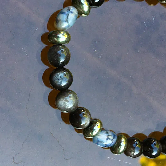 Men's Silver Obsidian, Pyrite and Dragon’s Vein of Agate Gemstone stretch bracelet