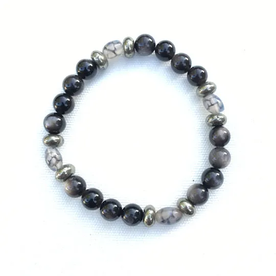 Men's Silver Obsidian, Pyrite and Dragon’s Vein of Agate Gemstone stretch bracelet