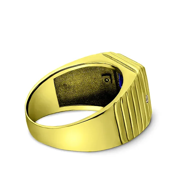 Mens Solid 10K Yellow Gold Band Ring with Blue Sapphire and 0.04ct Diamonds