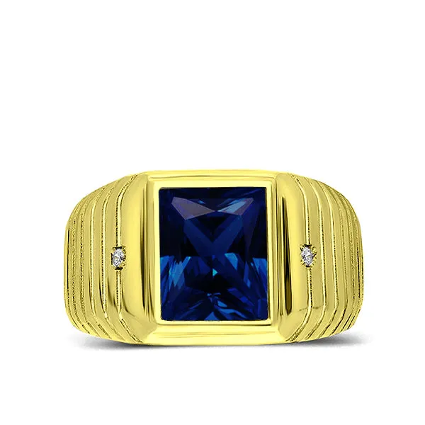 Mens Solid 10K Yellow Gold Band Ring with Blue Sapphire and 0.04ct Diamonds