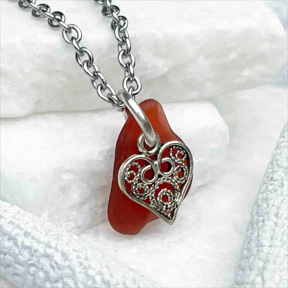 Miniature Orange Sea Glass Pendant with Sterling Silver Heart Charm | #1952