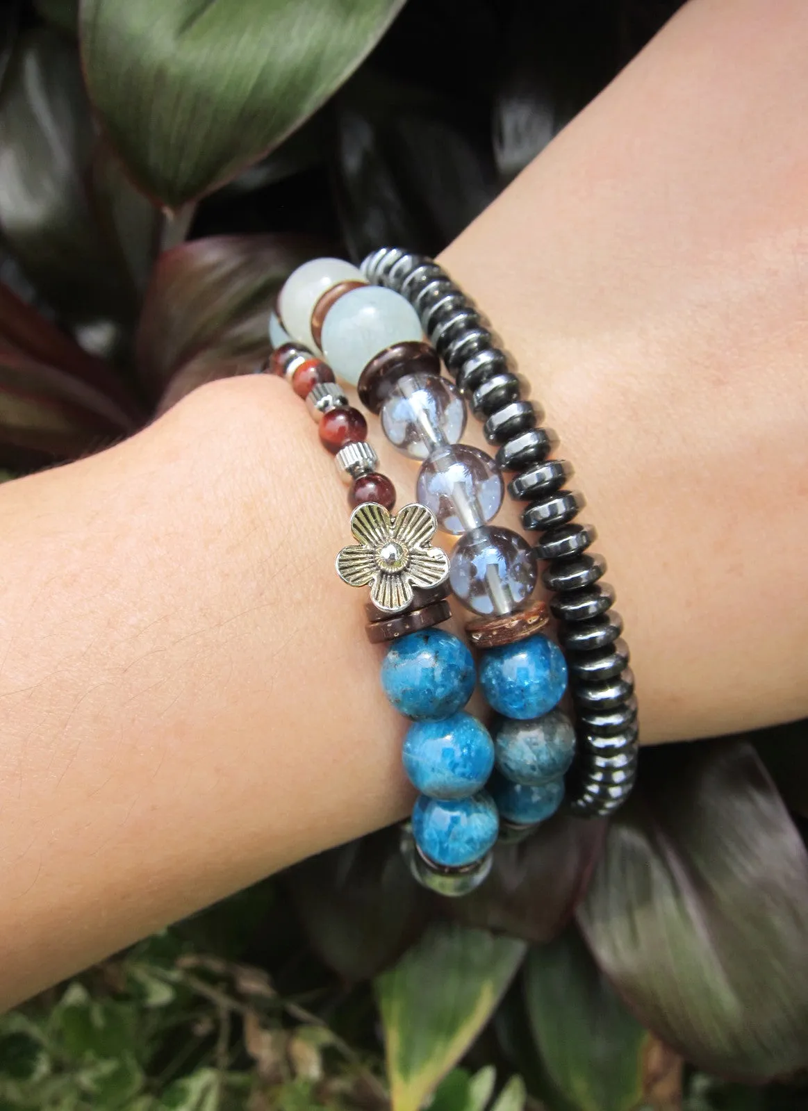 Morganite, Blue Aura Quartz, Blue Apatite in 27 Bead Mala Bracelet