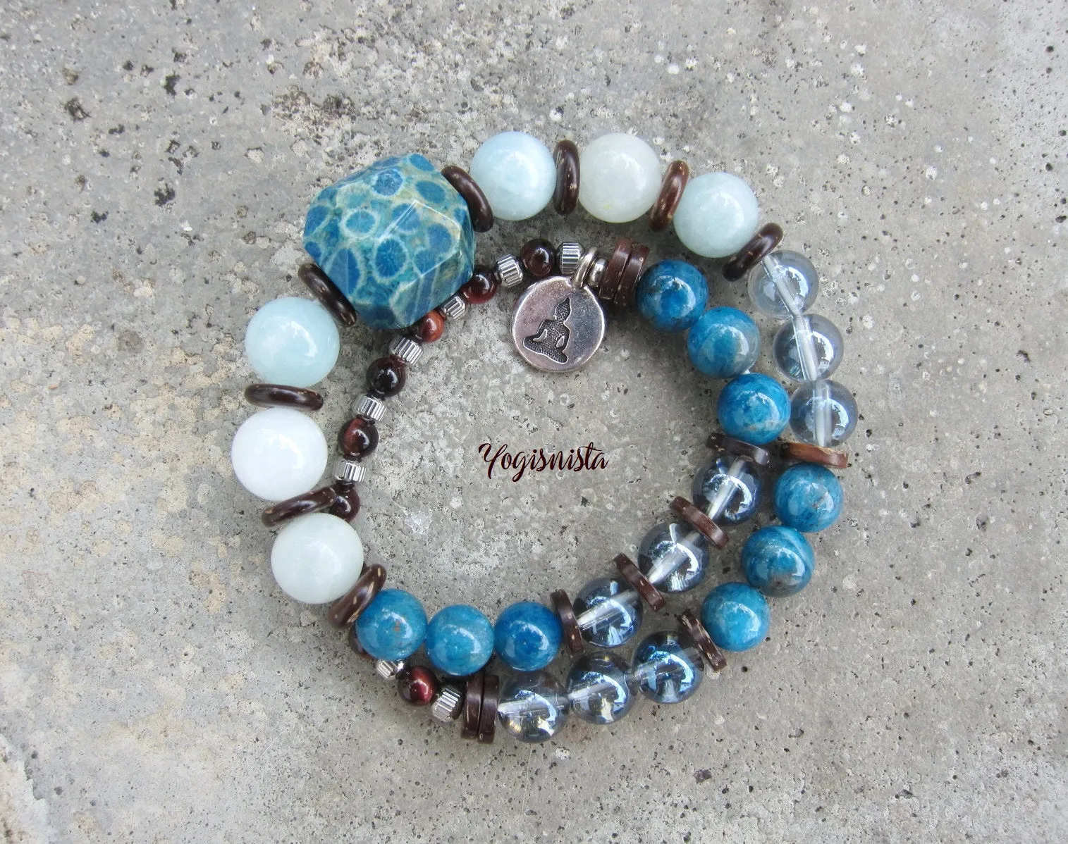 Morganite, Blue Aura Quartz, Blue Apatite in 27 Bead Mala Bracelet