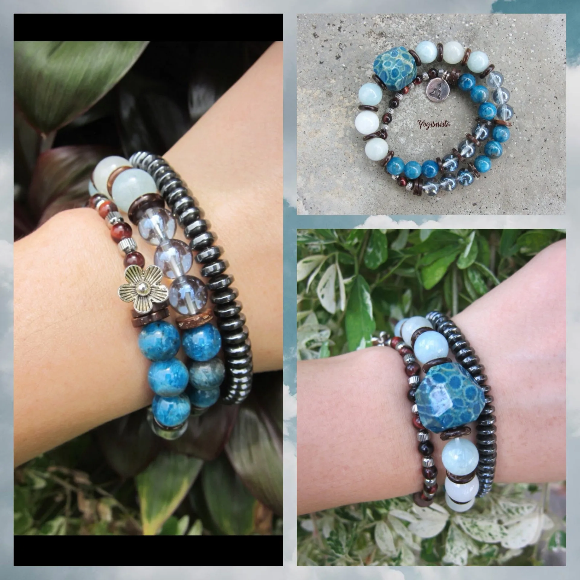 Morganite, Blue Aura Quartz, Blue Apatite in 27 Bead Mala Bracelet