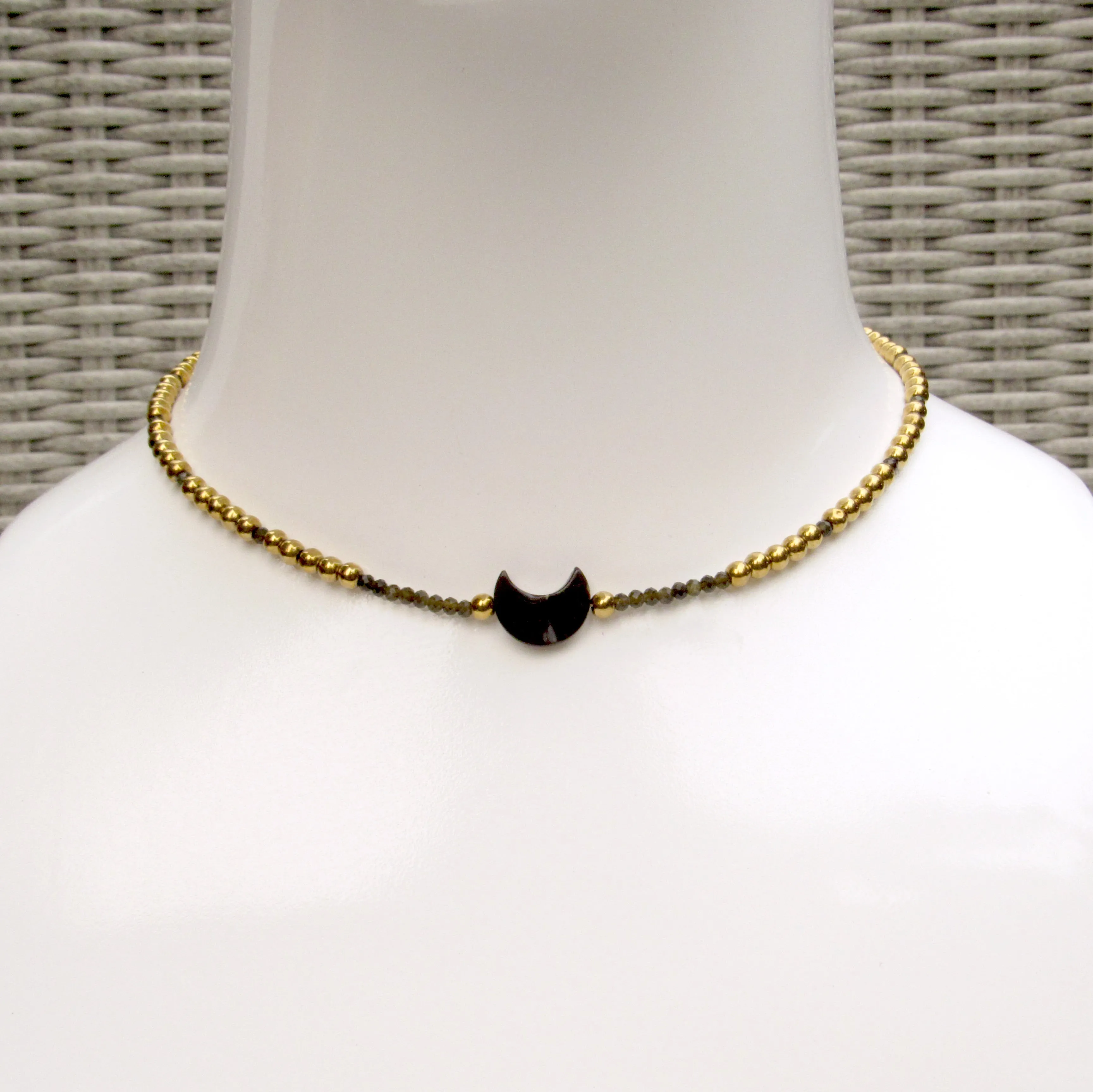 Mother of Pearl Moon Choker, Gold Hematite, Gold Obsidian, and 14 kt gf Components