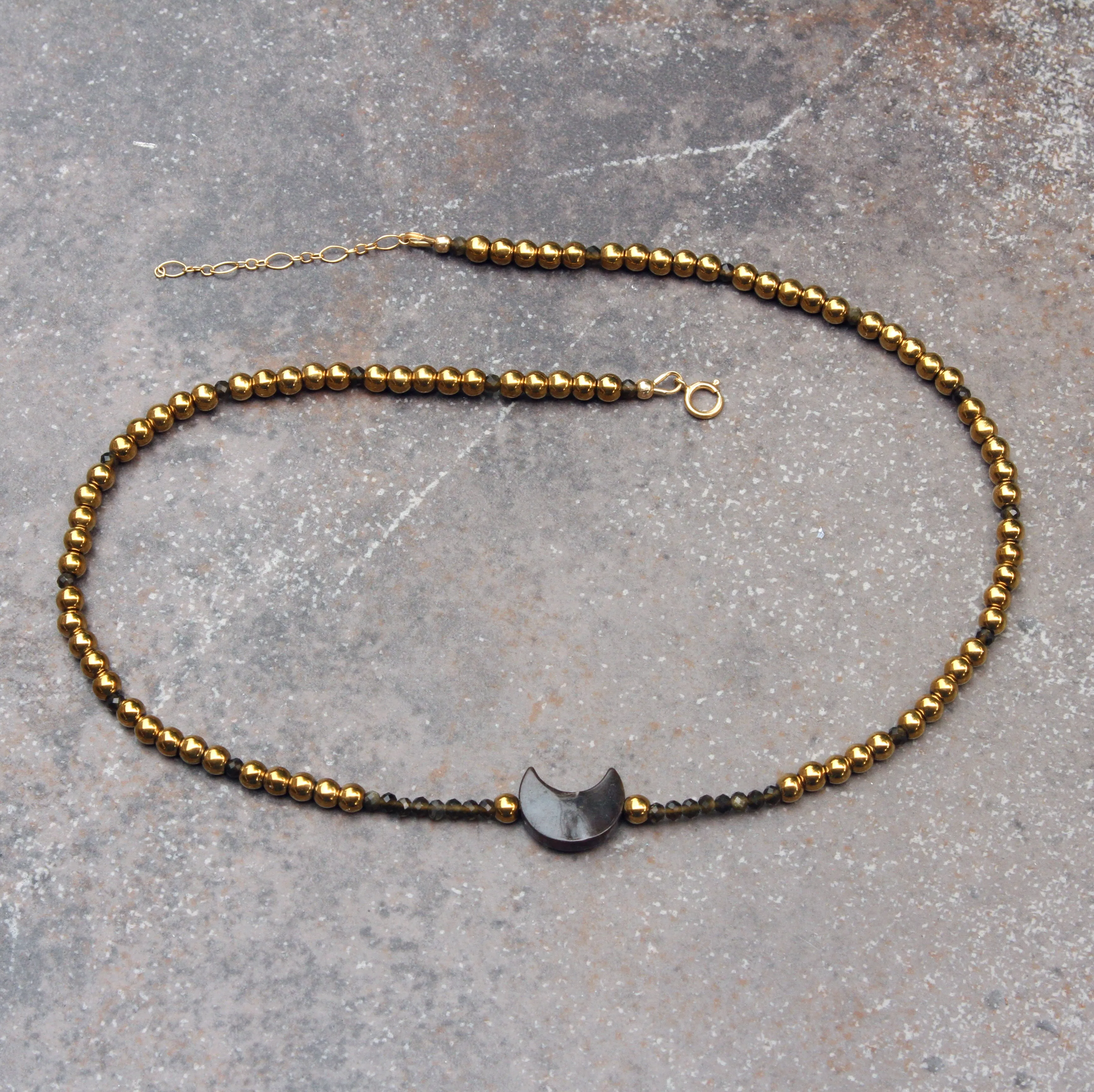 Mother of Pearl Moon Choker, Gold Hematite, Gold Obsidian, and 14 kt gf Components