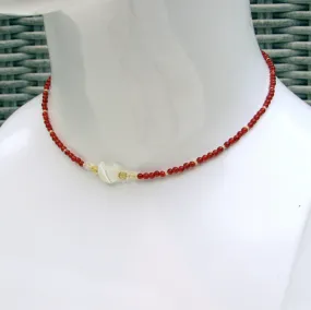 Mother of Pearl moon Choker necklace w/ 14 kt Gf and Red Agate