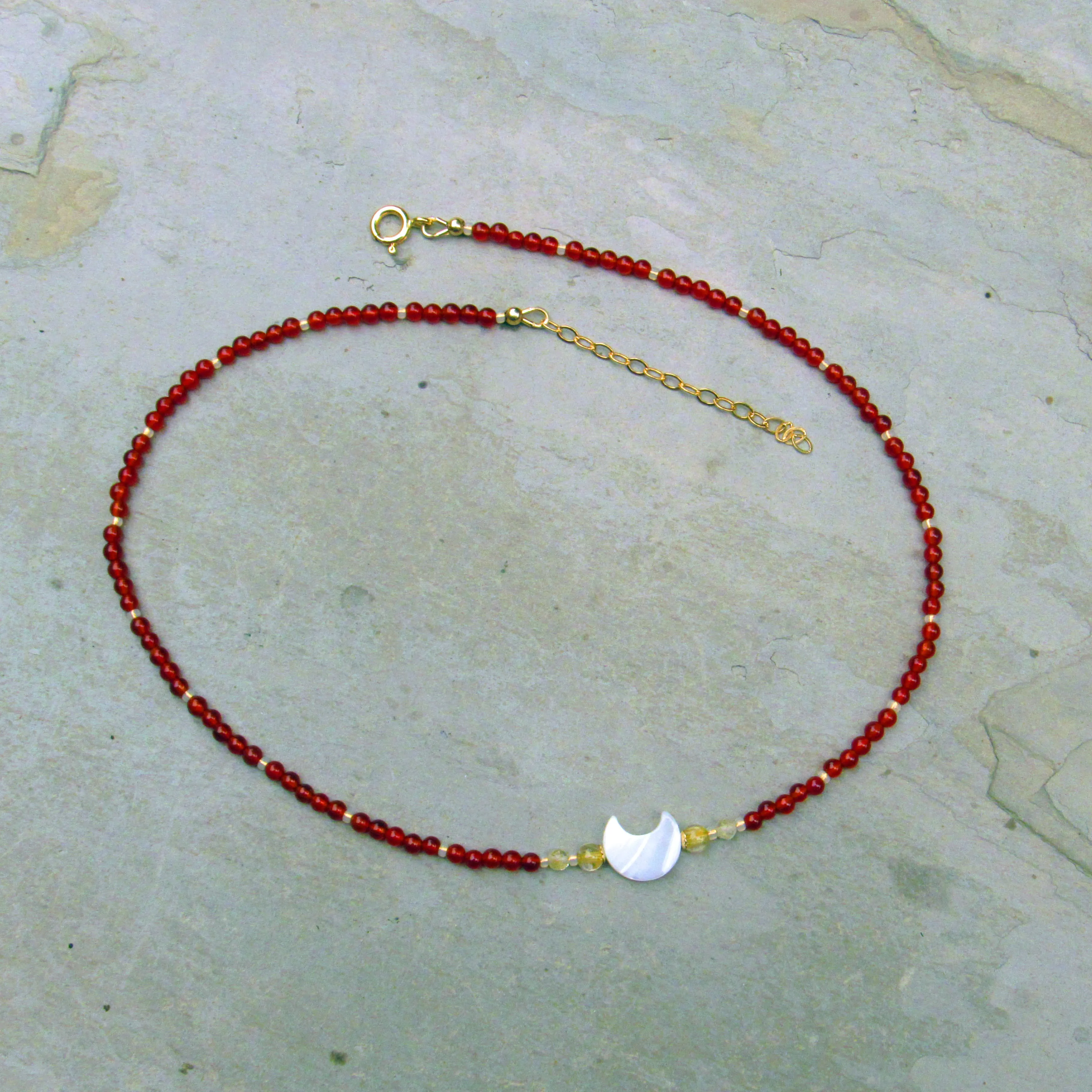 Mother of Pearl moon Choker necklace w/ 14 kt Gf and Red Agate