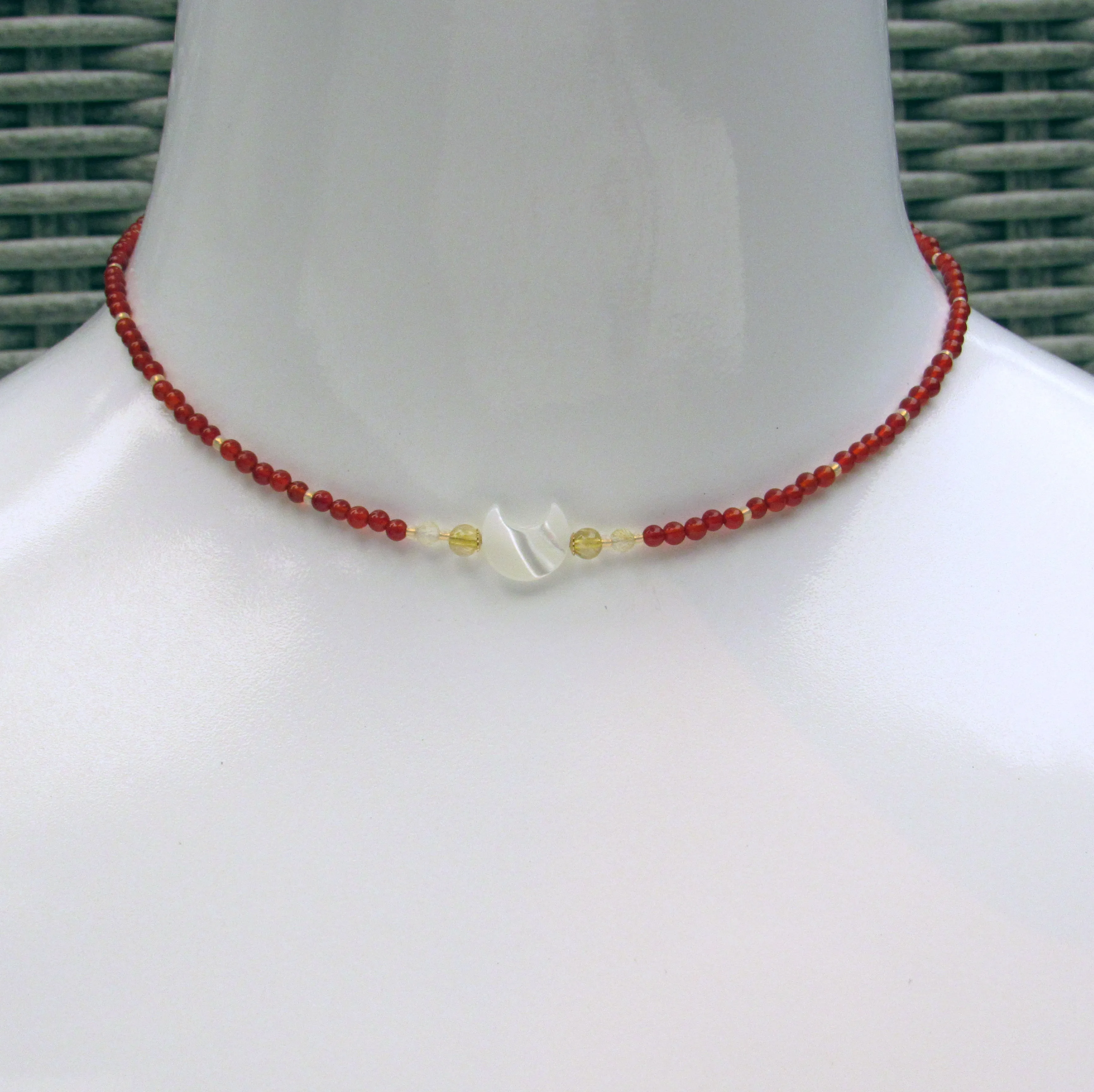 Mother of Pearl moon Choker necklace w/ 14 kt Gf and Red Agate