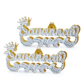 Name Stud Earrings with Crown and Beaded Finish