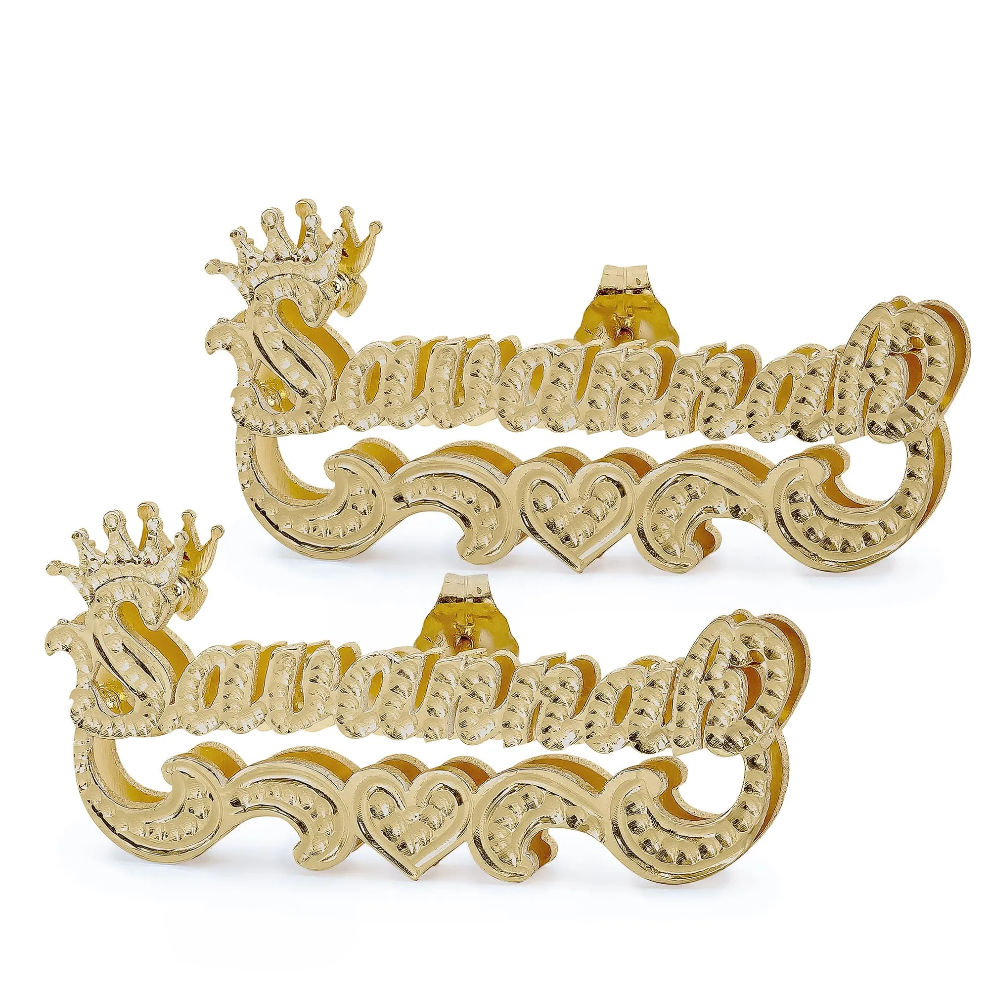 Name Stud Earrings with Crown and Beaded Finish