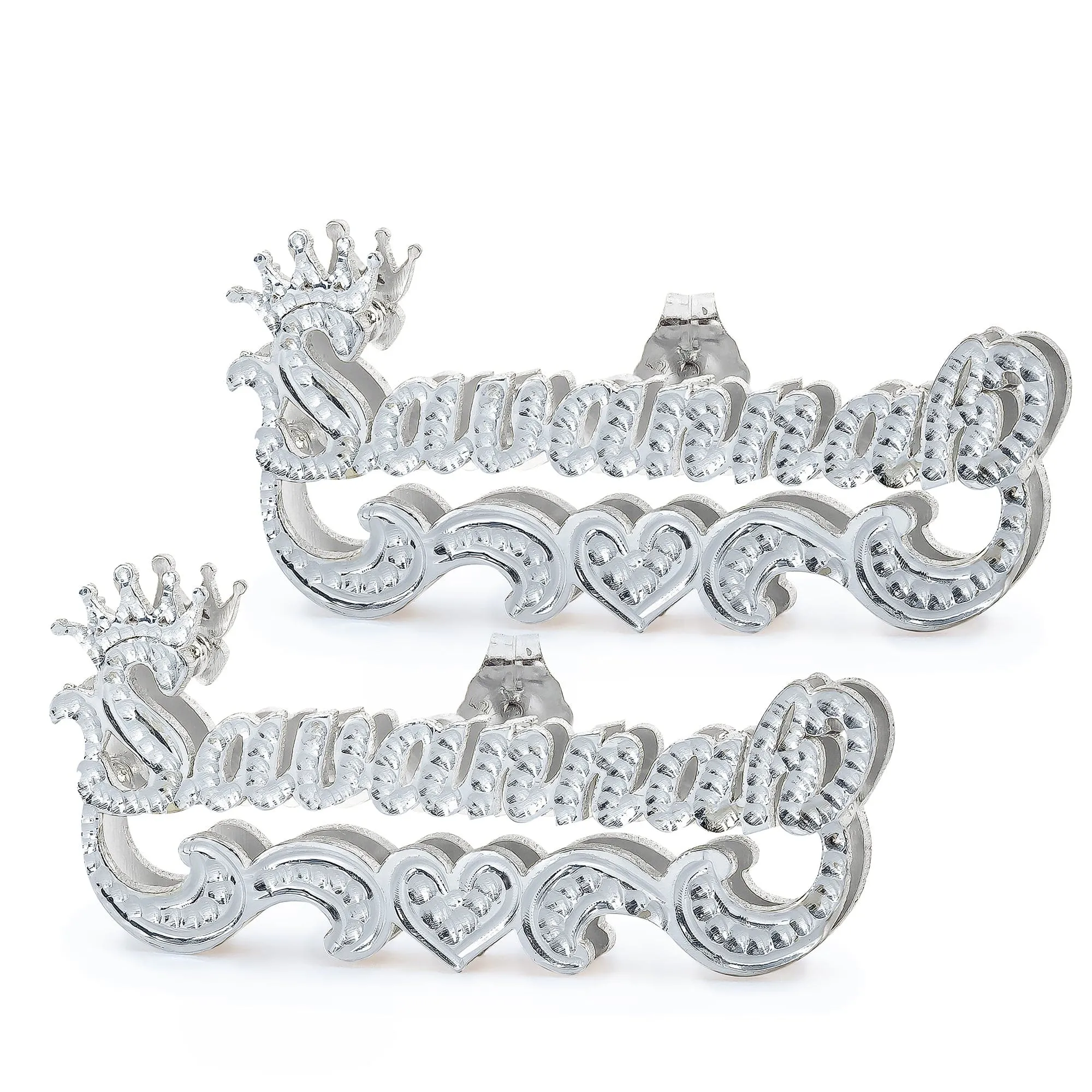 Name Stud Earrings with Crown and Beaded Finish