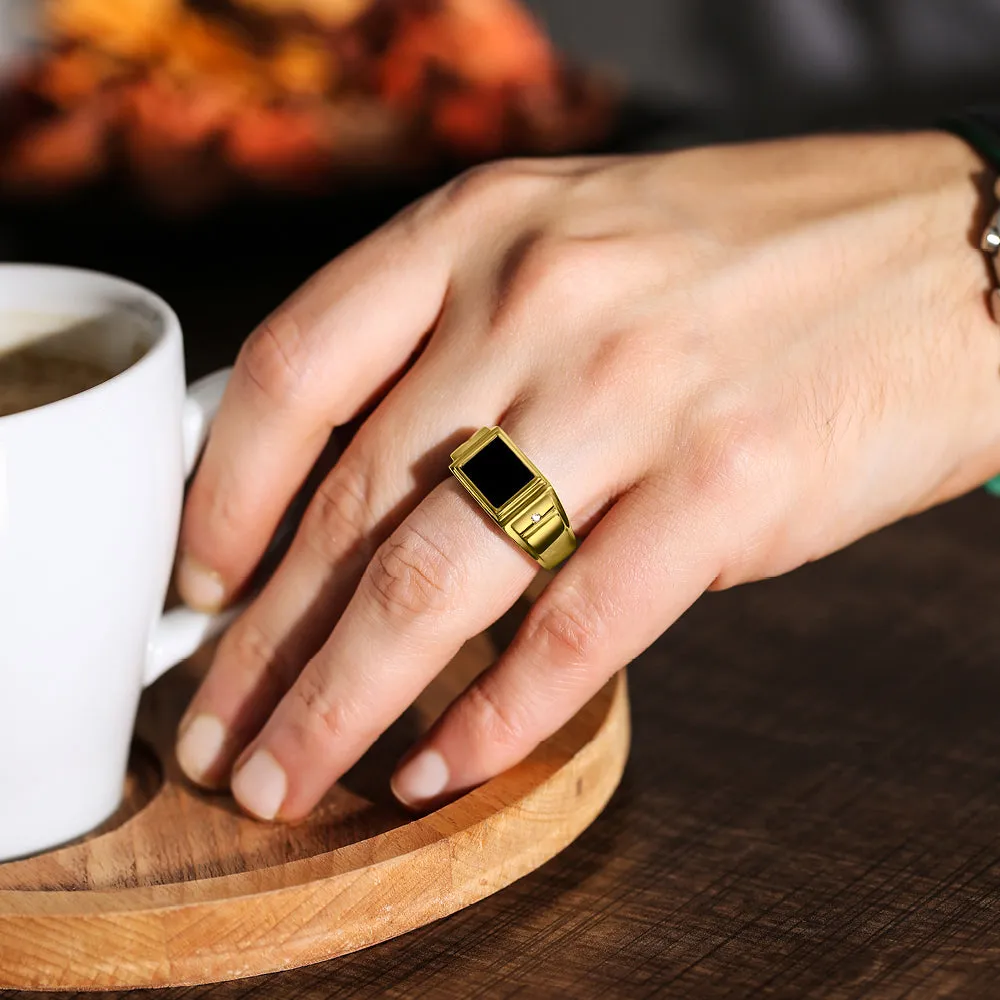 Natural Black Onyx Gemstone Real Diamond 18K Yellow Gold Men's Ring All Sizes