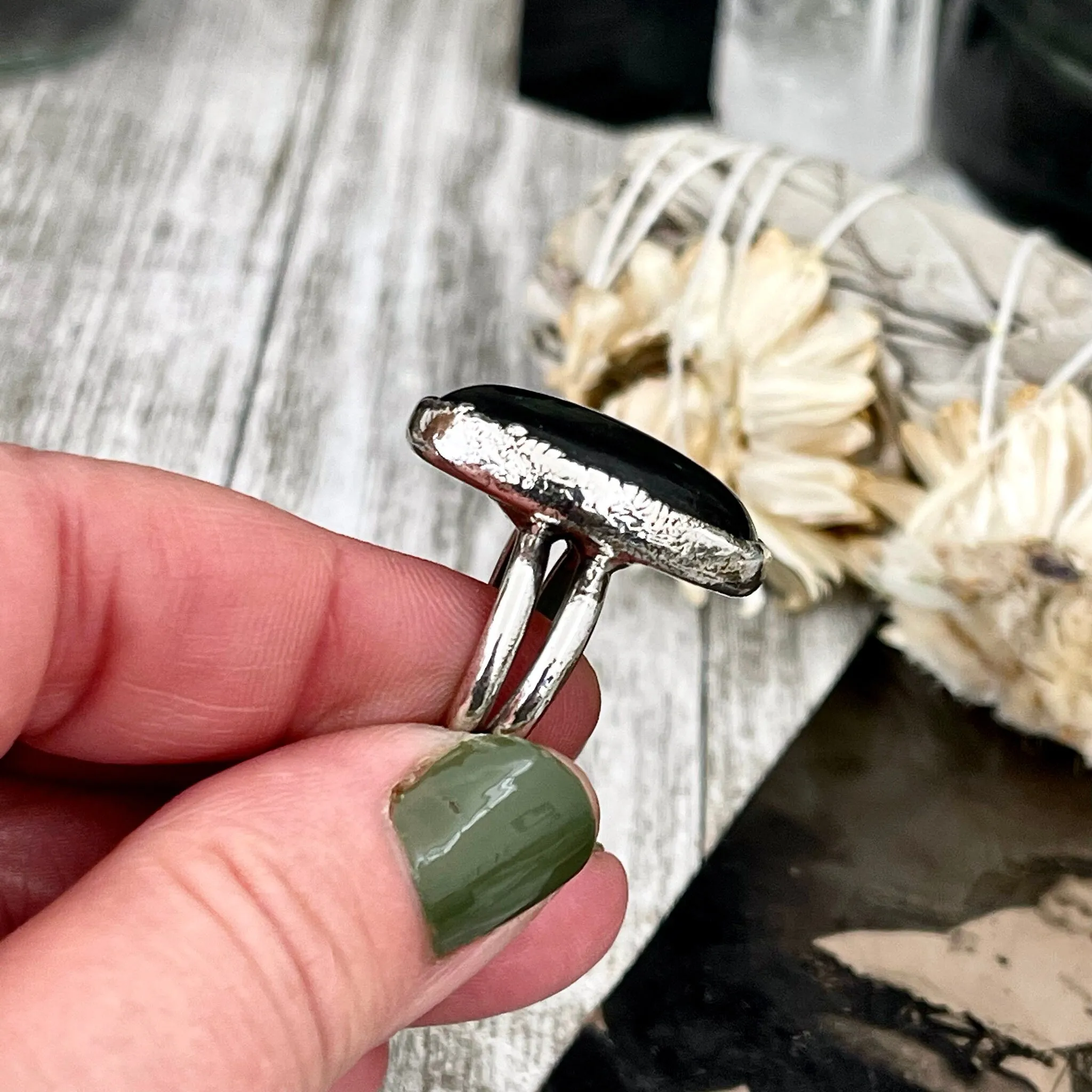 Natural Black Onyx Ring in Fine Silver Size 6 7 /  Large Crystal Ring  - Black Stone Ring - Silver Crystal Ring - Bohemian Jewelry