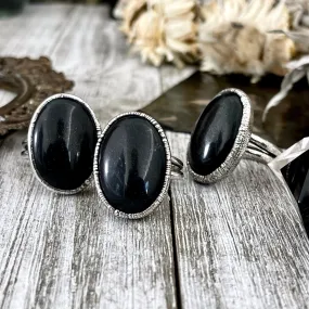 Natural Black Onyx Ring in Fine Silver Size 6 7 /  Large Crystal Ring  - Black Stone Ring - Silver Crystal Ring - Bohemian Jewelry