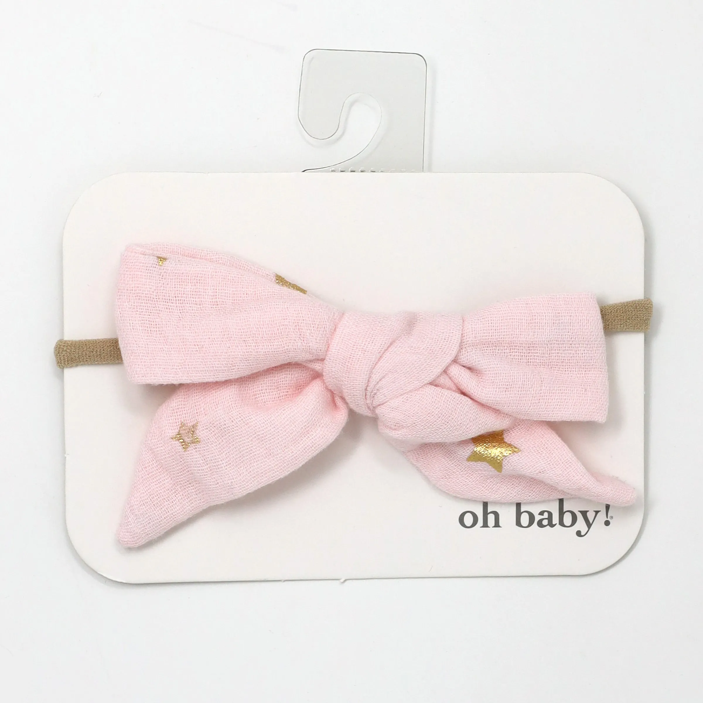 oh baby! Schoolgirl Gauze Bow Nylon Headband - Gold Stars - Pale Pink