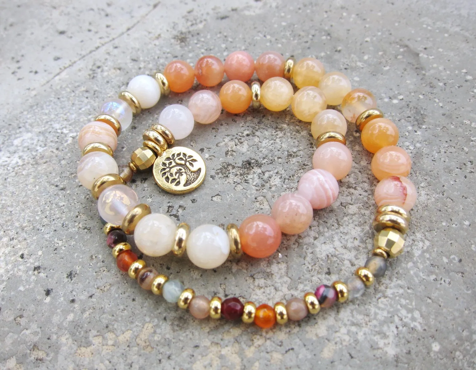 Pink Morganite, Moroccan Agate - Sacral Chakra Mala Bracelet in 27 Beads