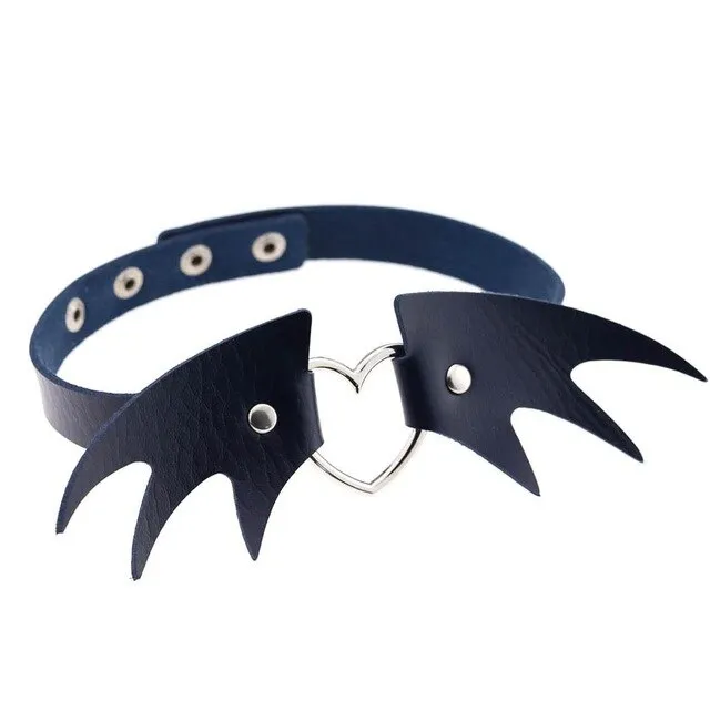 Punk Heart and Bat Wings Choker Collar PU Leather Gothic Harajuku Necklace