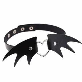 Punk Heart and Bat Wings Choker Collar PU Leather Gothic Harajuku Necklace