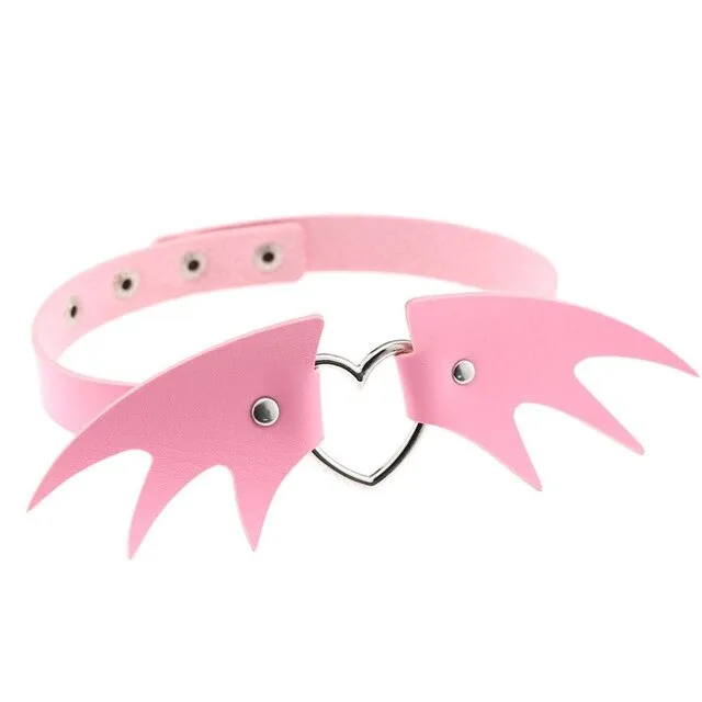 Punk Heart and Bat Wings Choker Collar PU Leather Gothic Harajuku Necklace