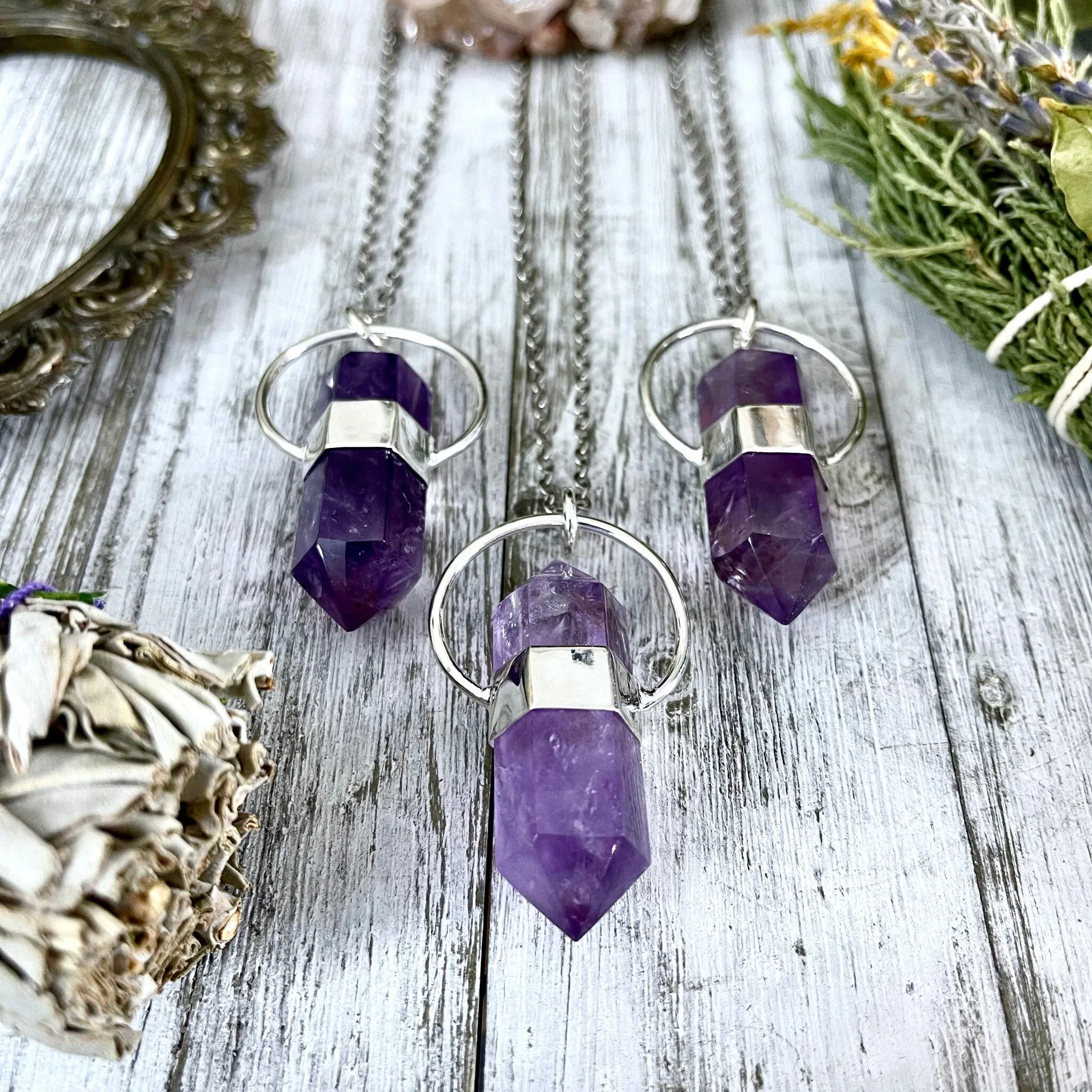 Purple Amethyst Crystal Point Necklace in Sterling Silver  -Designed by FOXLARK Collection