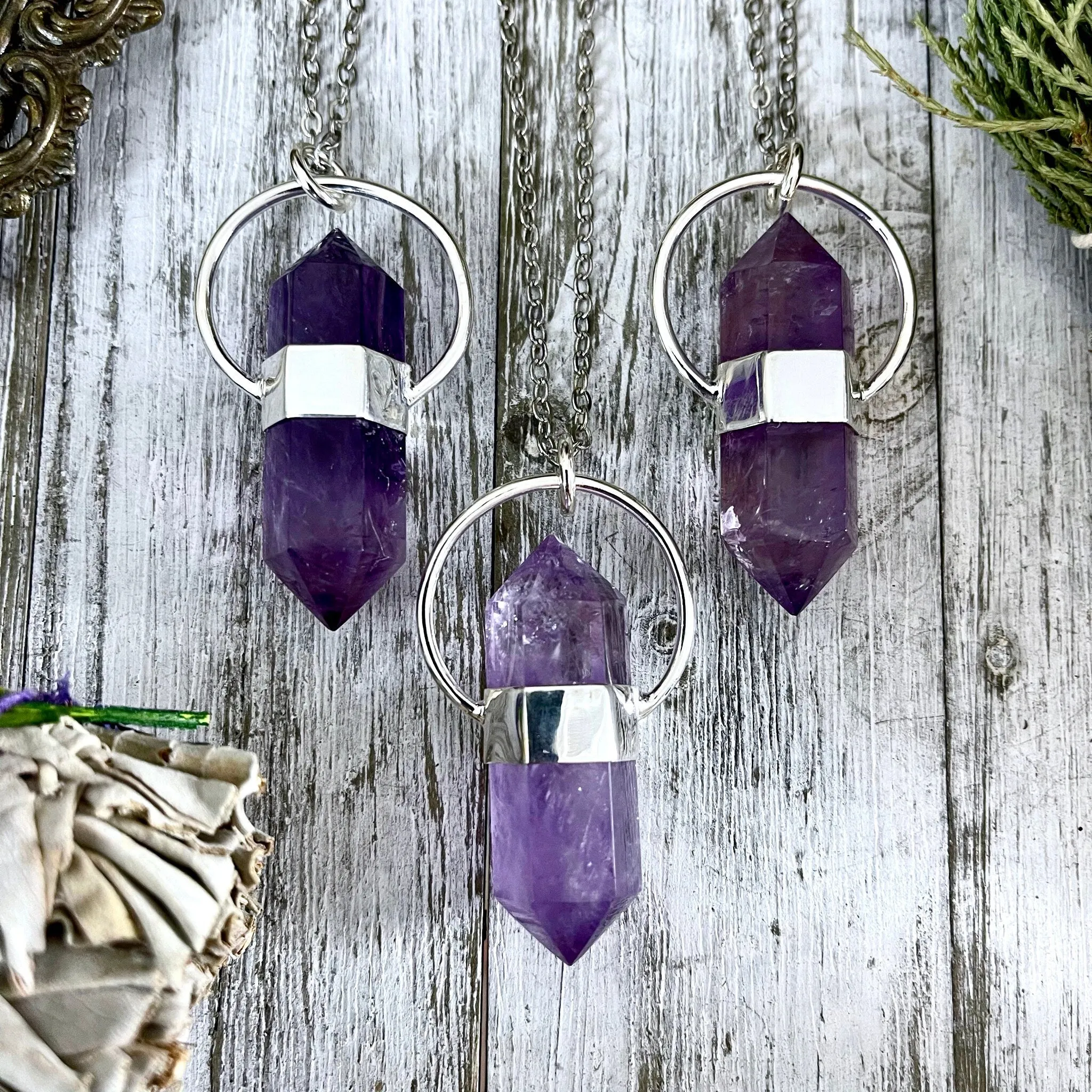 Purple Amethyst Crystal Point Necklace in Sterling Silver  -Designed by FOXLARK Collection