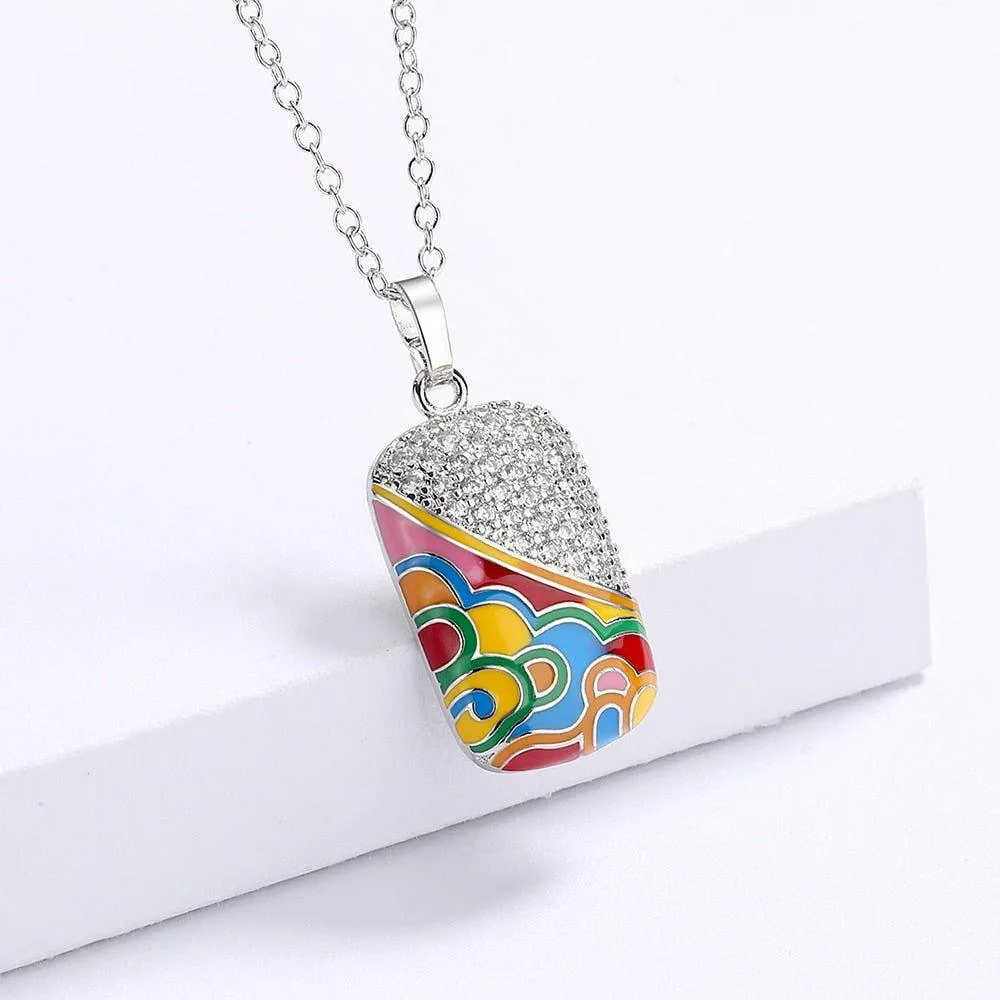 QS242 - 925 Sterling Silver Fashion Square Pendant Enamel Necklace Charm Jewelry