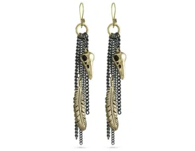 Raven Skull & Feather Tassel Earrings - Bronze