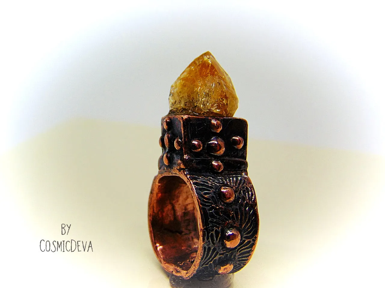 Raw Citrine Crystal Point Medieval Copper Ring, US Size 6.5 Ring