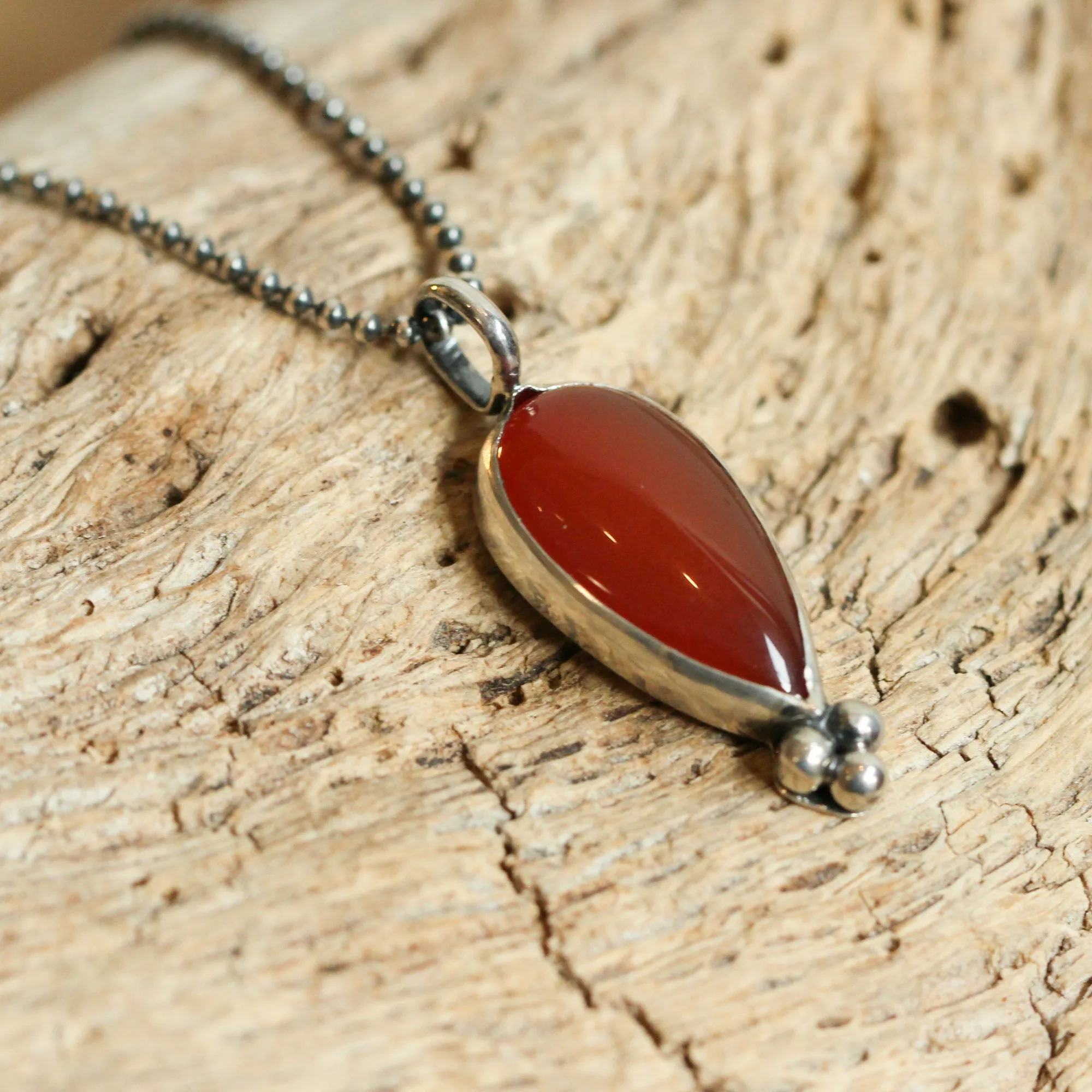 Red Agate Sweetheart Pendant - Carnelian Necklace - Upside down Teardrop - Silversmith