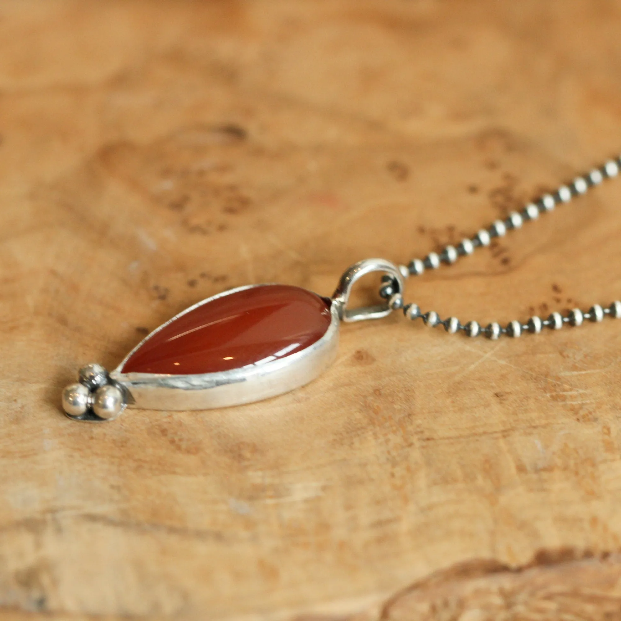 Red Agate Sweetheart Pendant - Carnelian Necklace - Upside down Teardrop - Silversmith