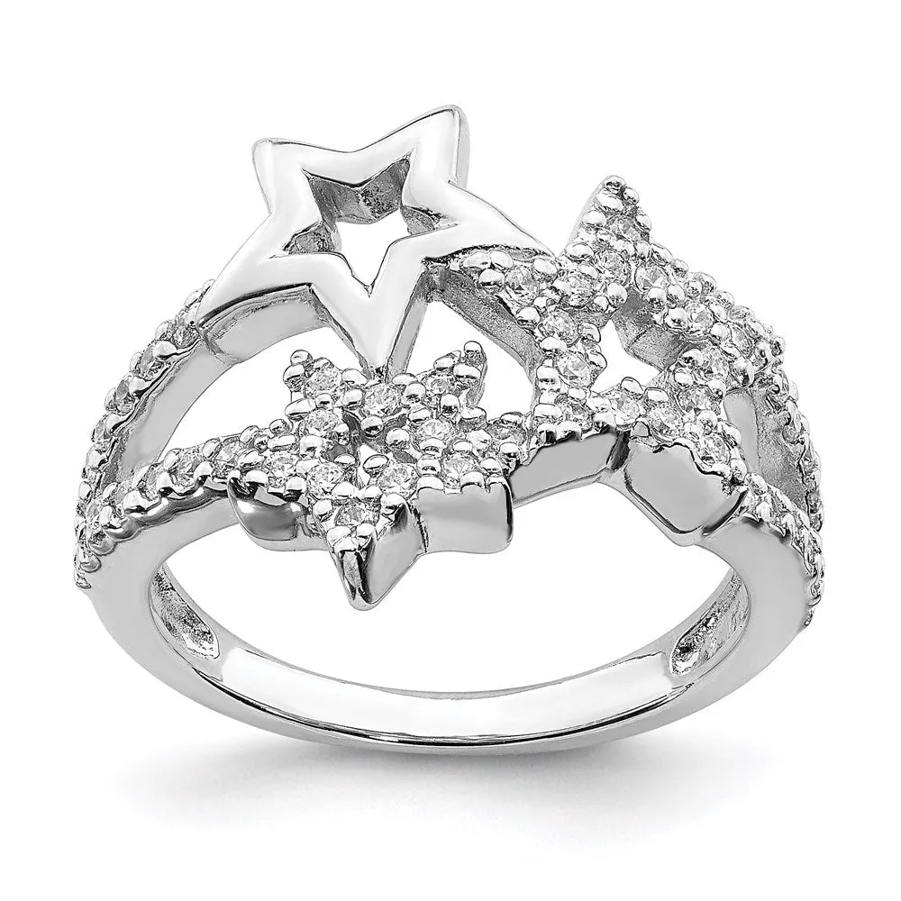 Rhodium Plated CZ Triple Star Ring in Sterling Silver