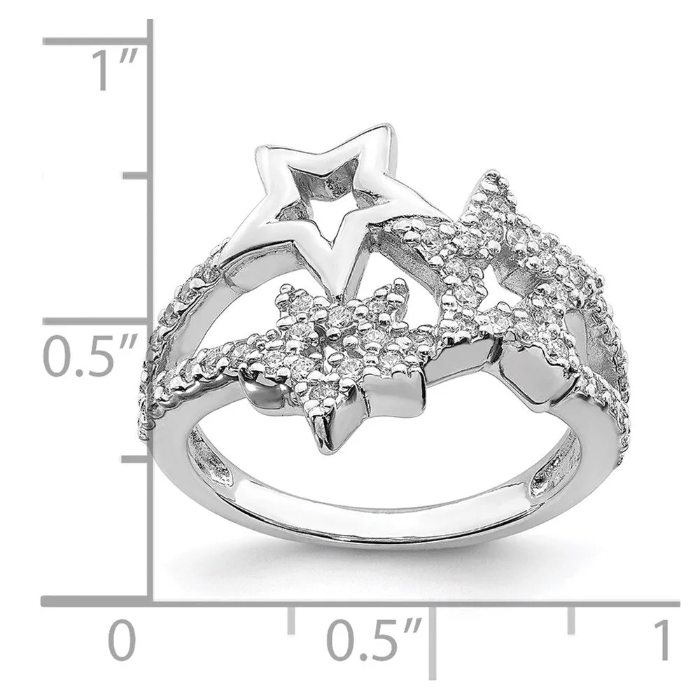 Rhodium Plated CZ Triple Star Ring in Sterling Silver