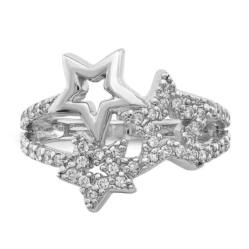 Rhodium Plated CZ Triple Star Ring in Sterling Silver