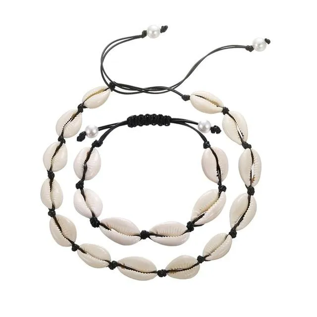 Rope Puka Shell Bracelet and Choker Set with Pearl End