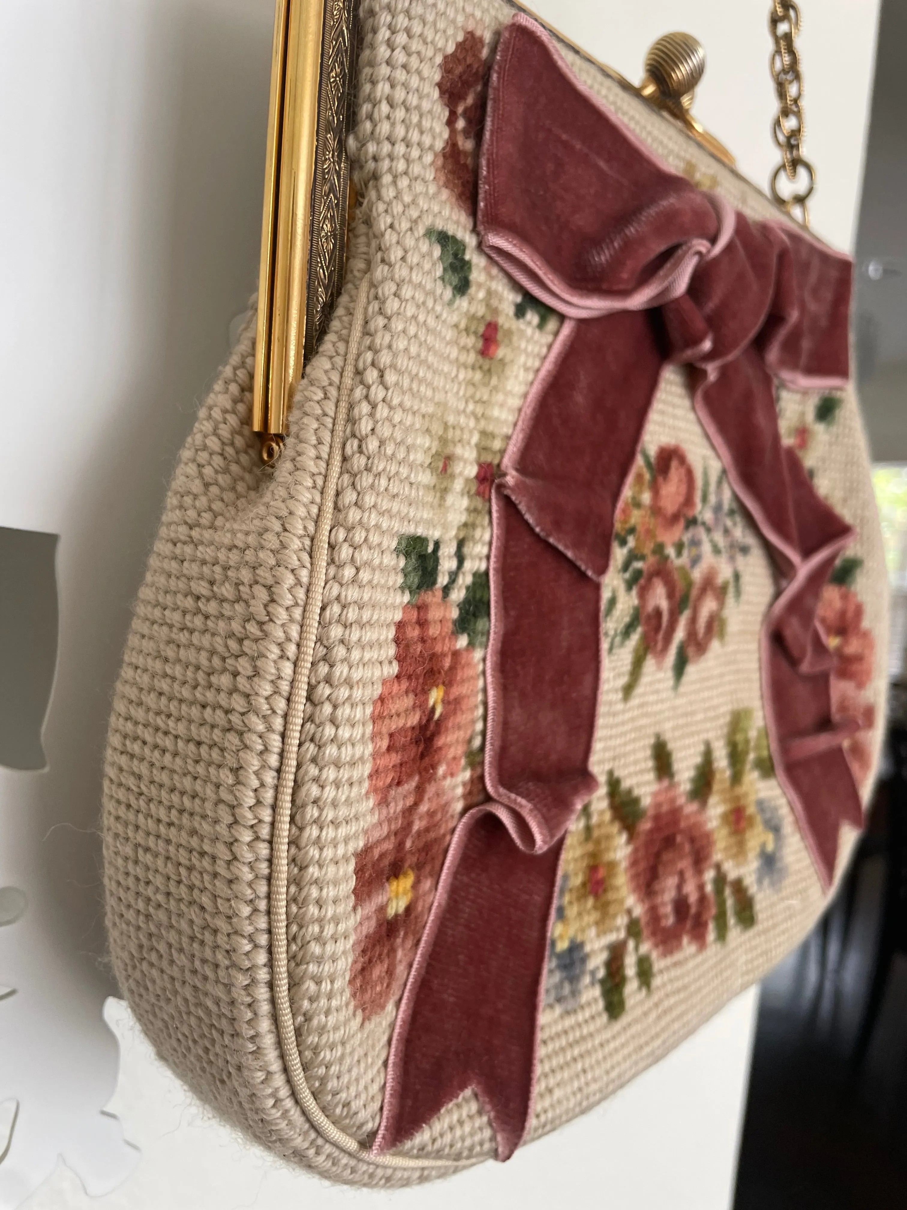 Rose Needlepoint Bow Bag