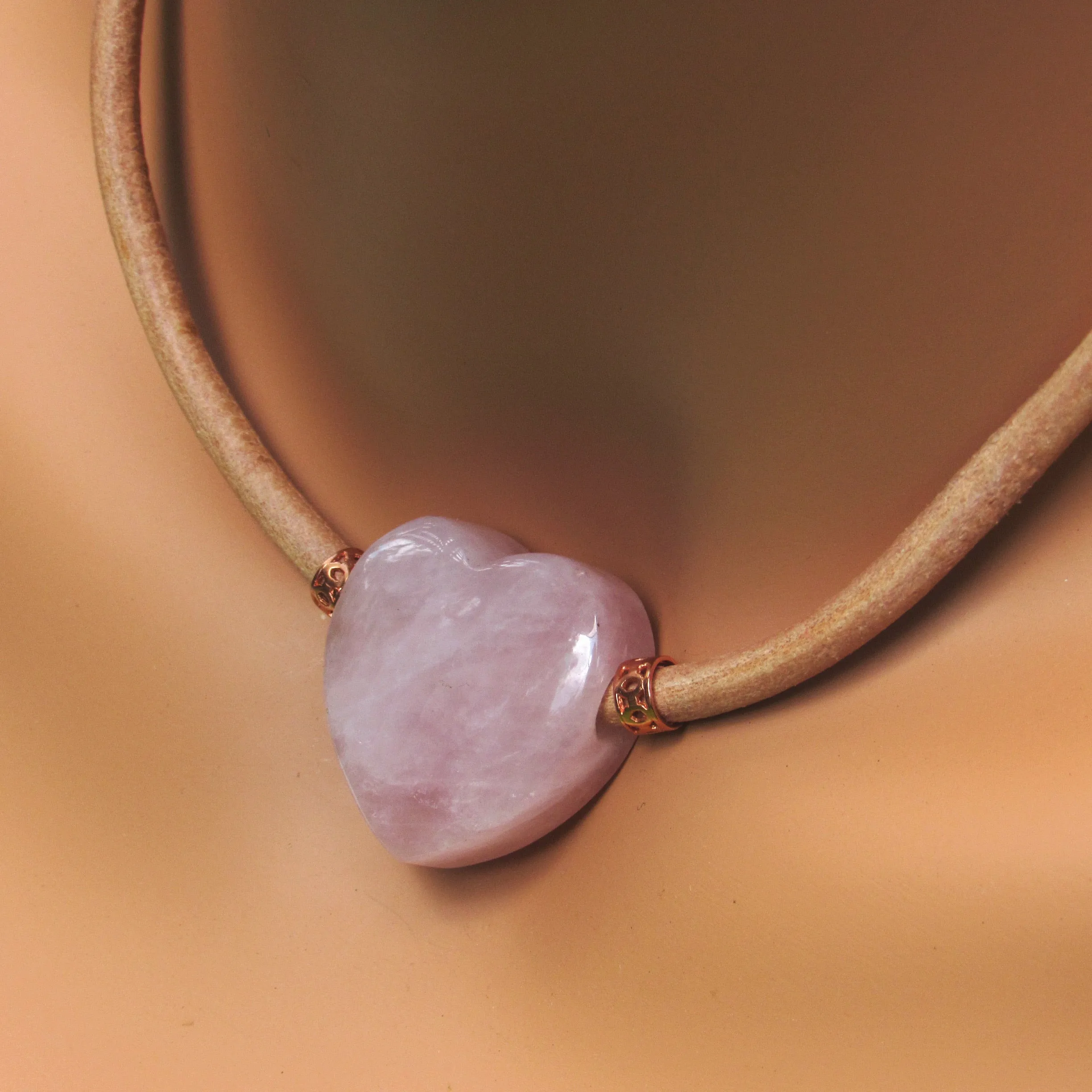 Rose Quartz gemstone heart and Copper on Natural Leather