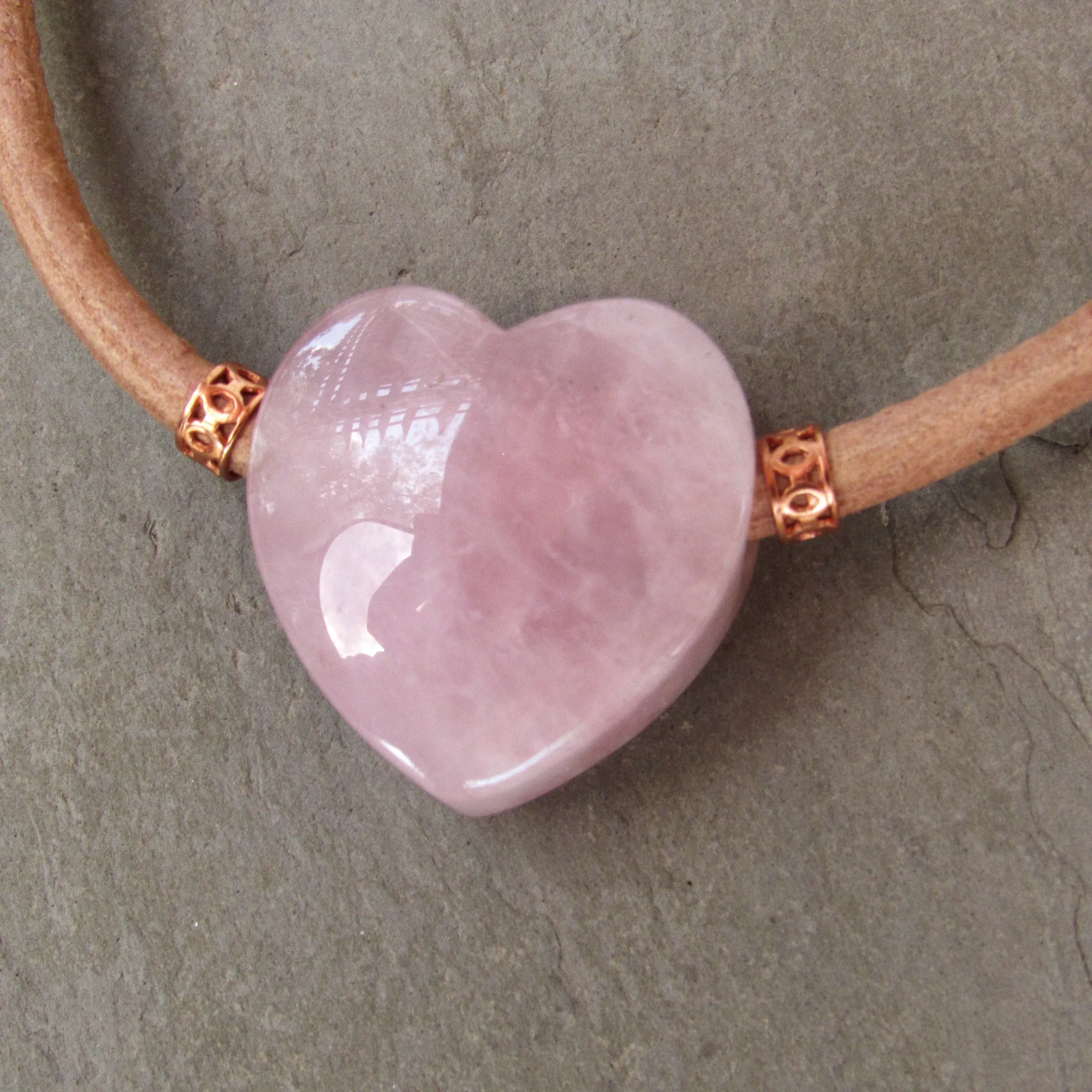 Rose Quartz gemstone heart and Copper on Natural Leather