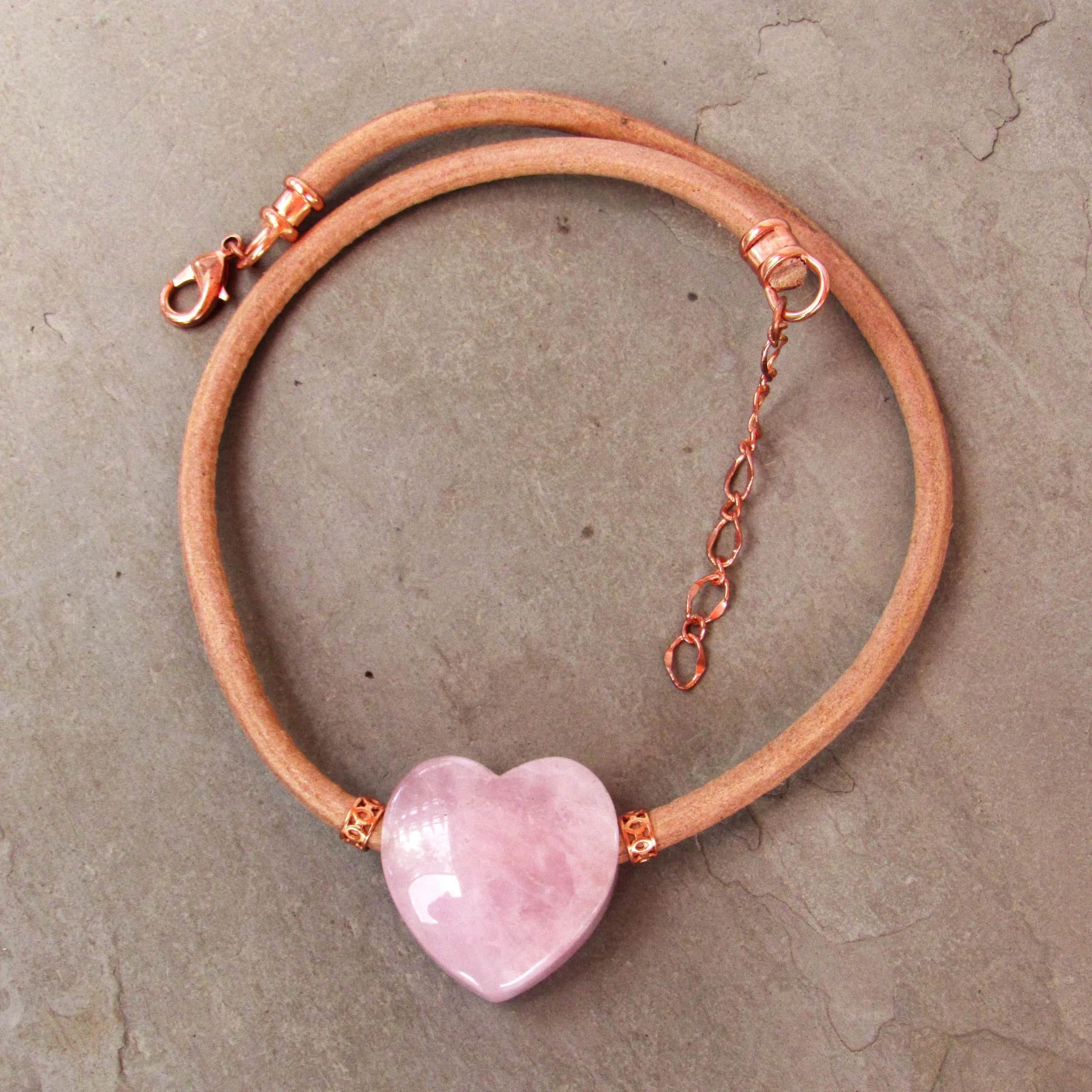 Rose Quartz gemstone heart and Copper on Natural Leather