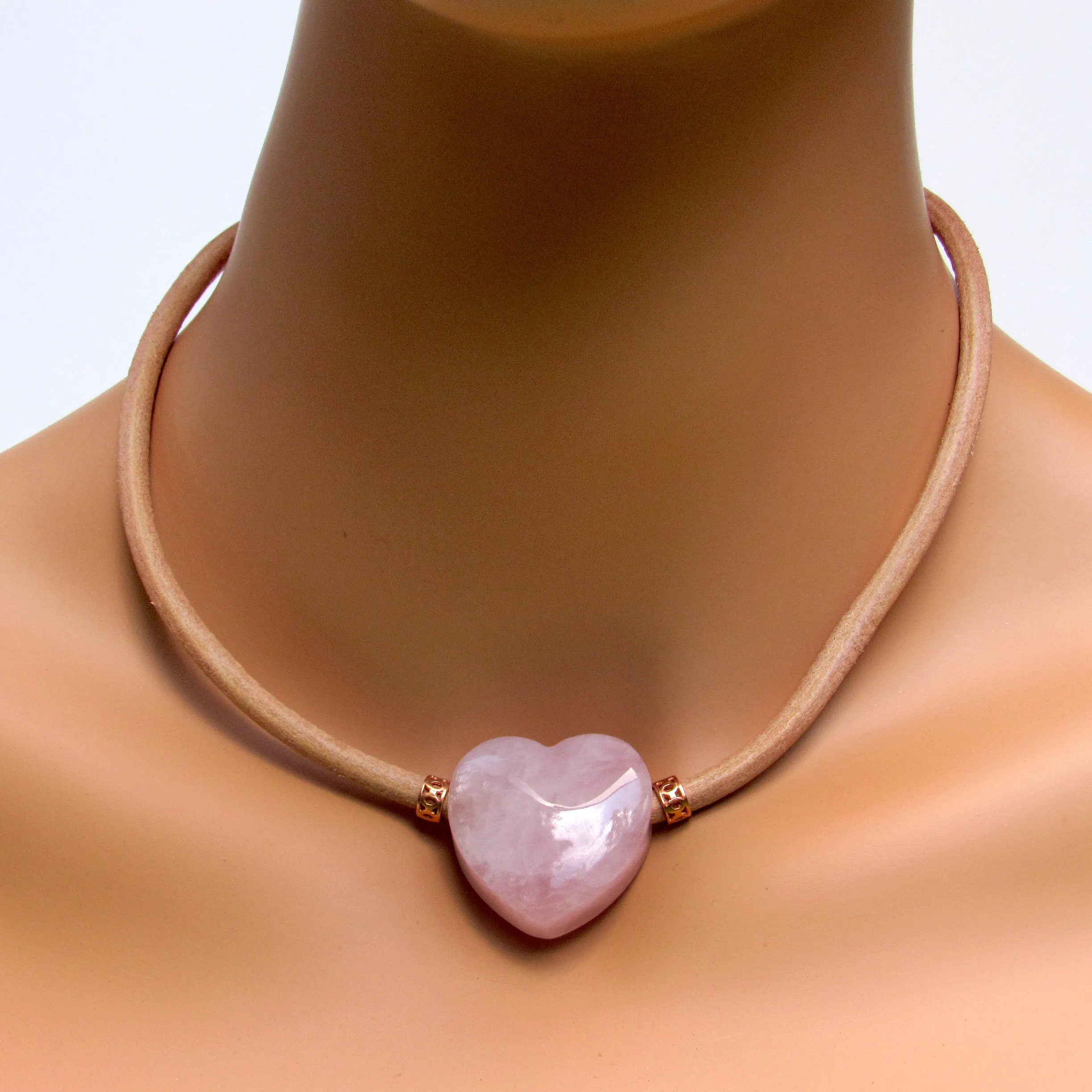 Rose Quartz gemstone heart and Copper on Natural Leather