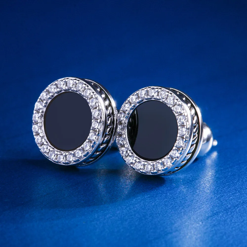 Round Black Onyx Diamond Stud Earrings for Men KRKC