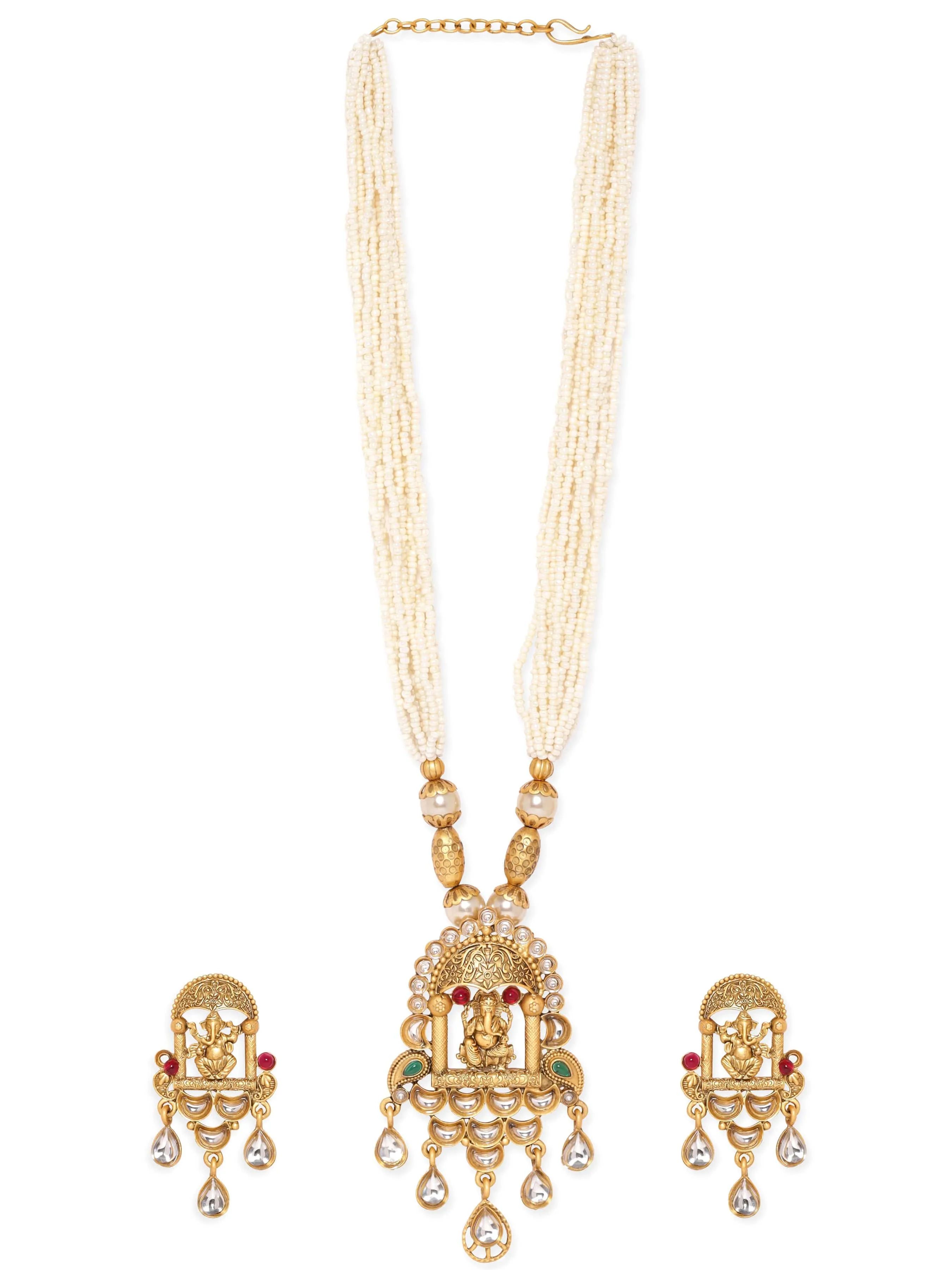 Rubans Lord Ganesha Temple Jewellery with White Beads Chain Necklace Set