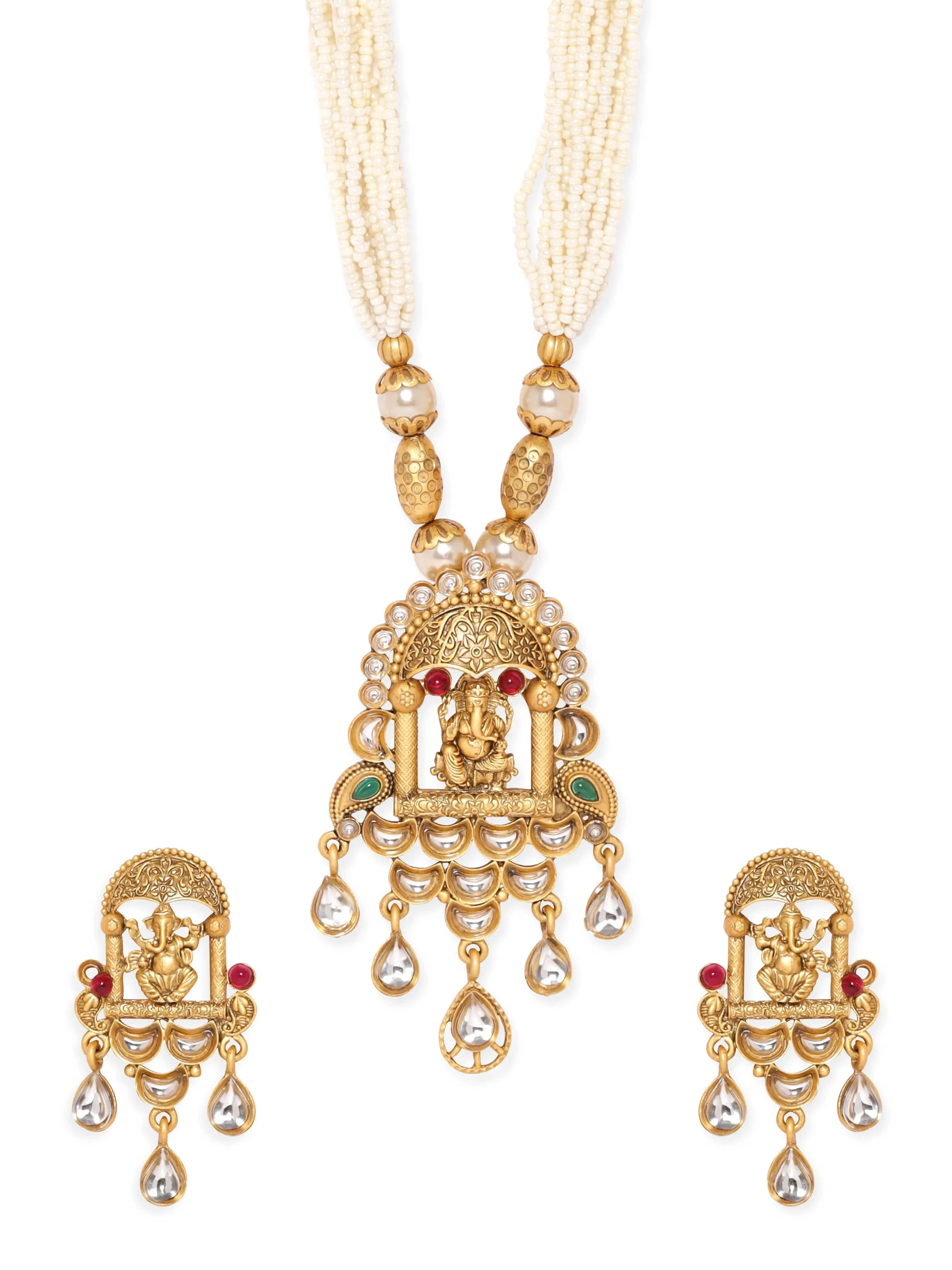 Rubans Lord Ganesha Temple Jewellery with White Beads Chain Necklace Set