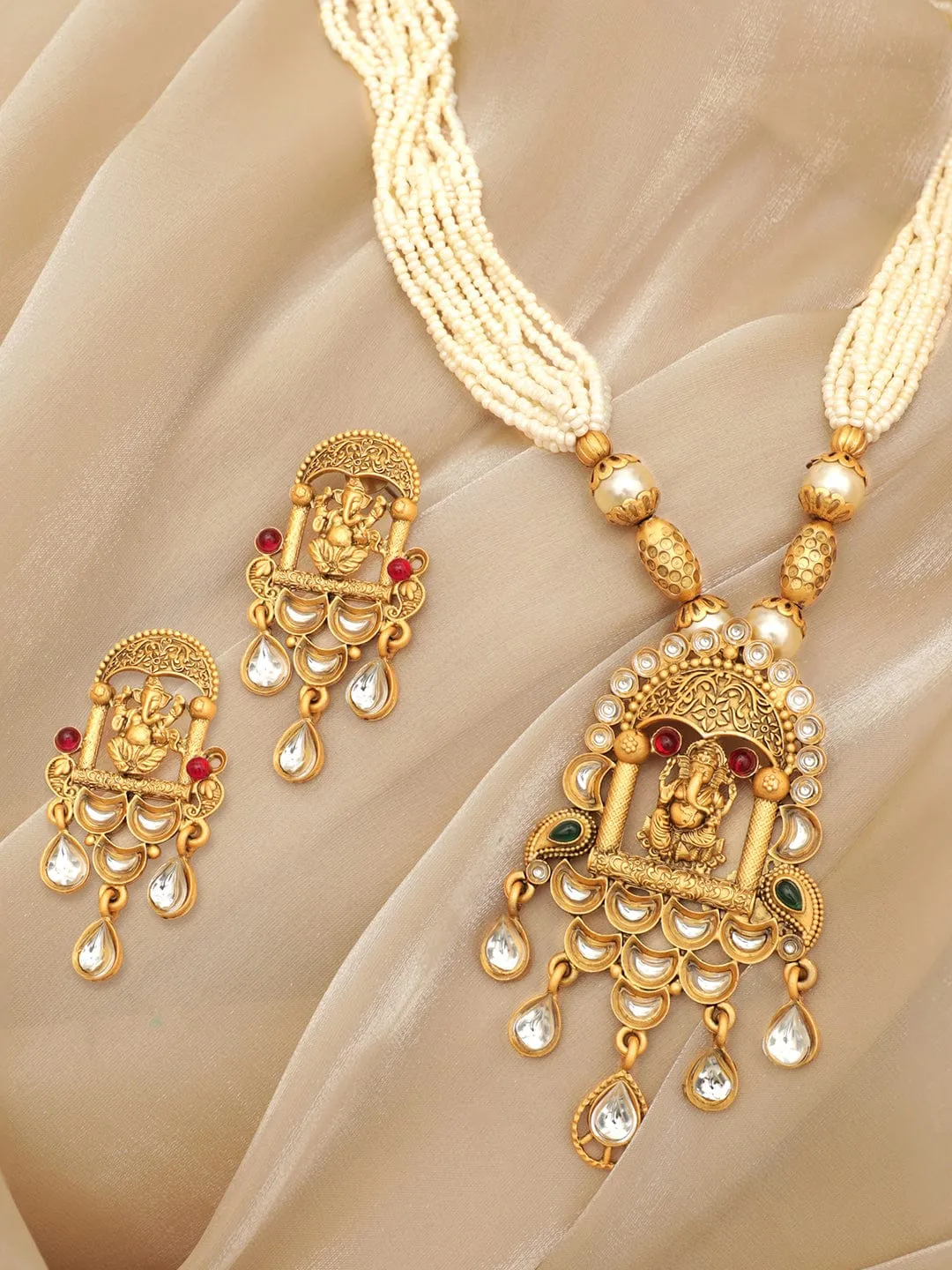 Rubans Lord Ganesha Temple Jewellery with White Beads Chain Necklace Set