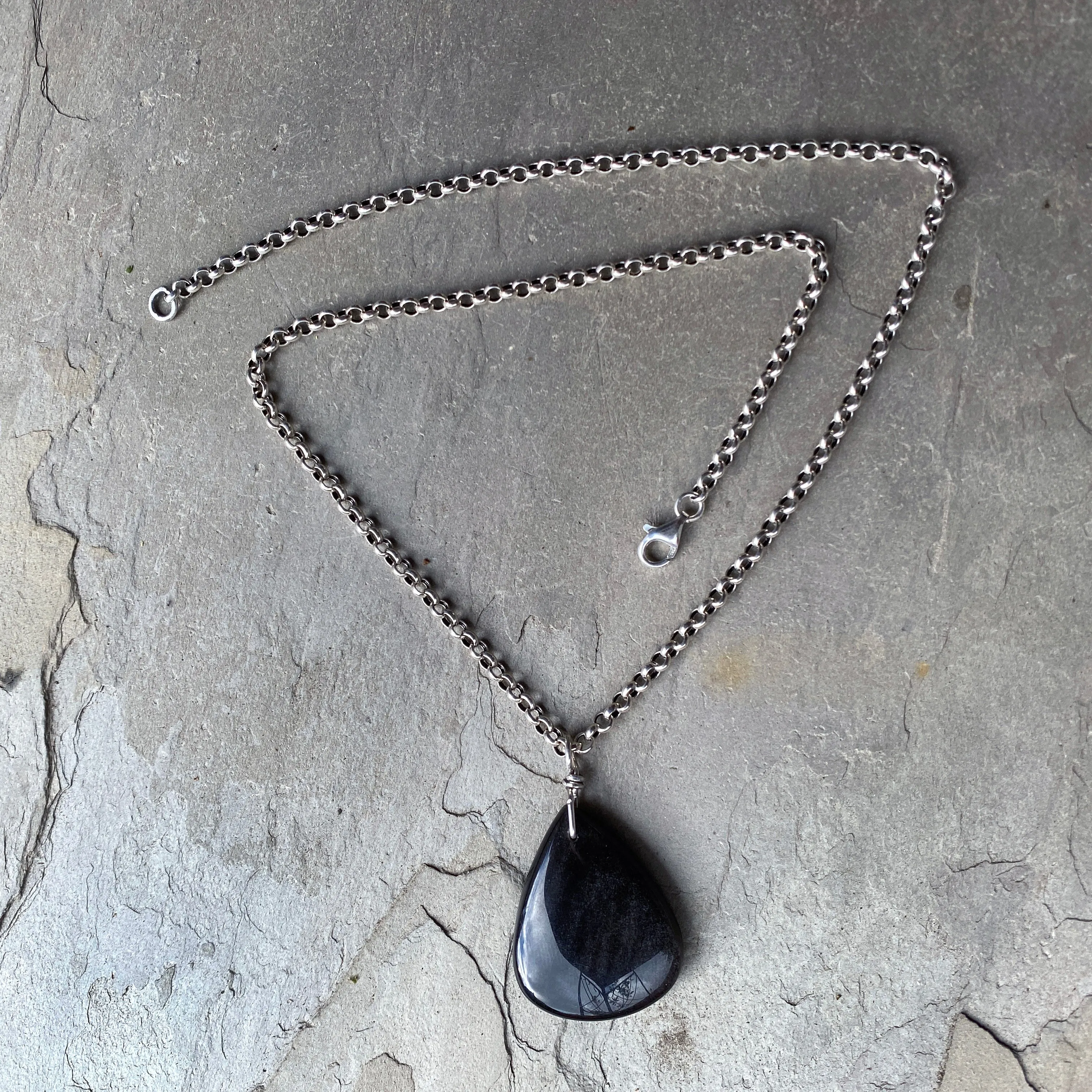 Silver Obsidian gemstone pendant on Sterling Silver Chain