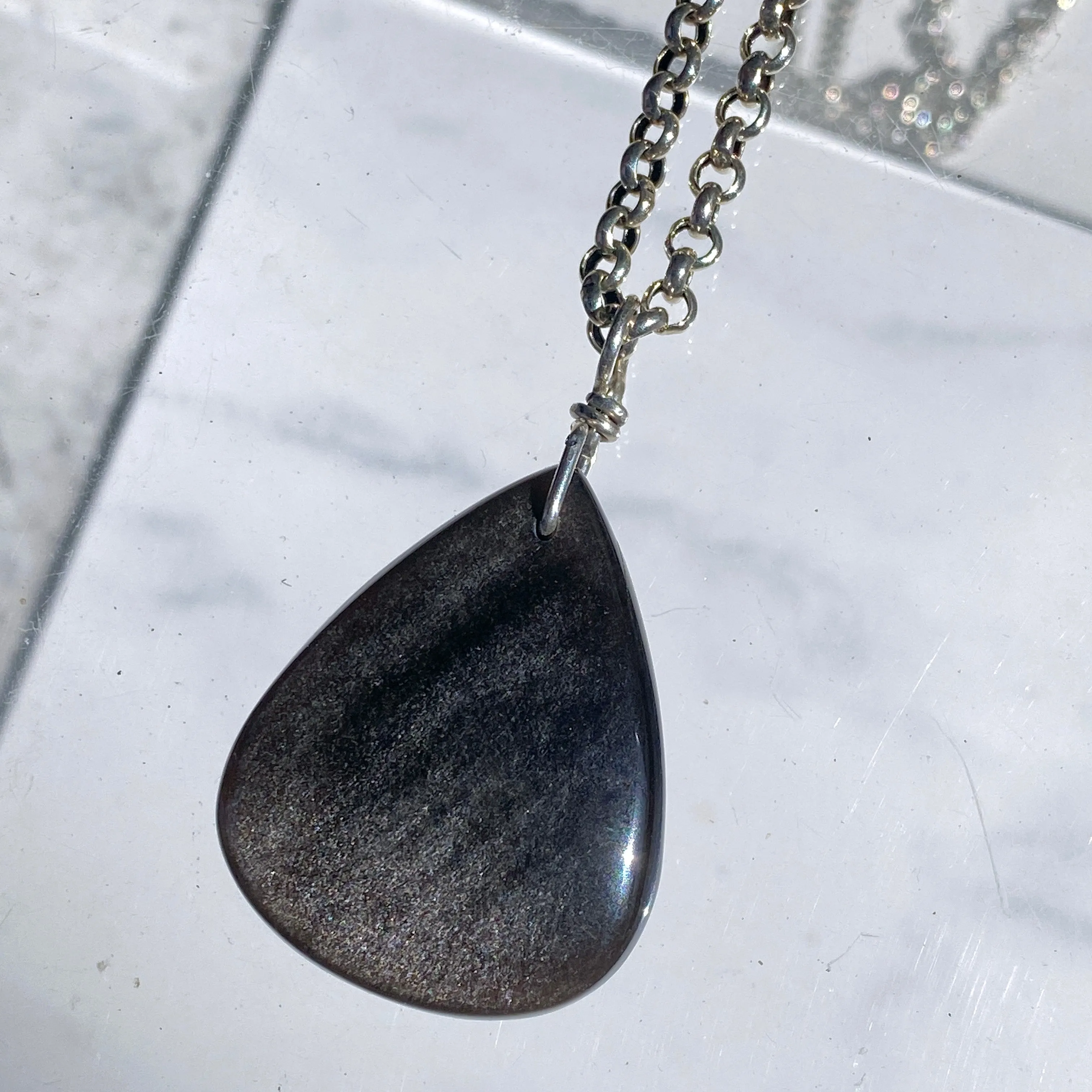 Silver Obsidian gemstone pendant on Sterling Silver Chain