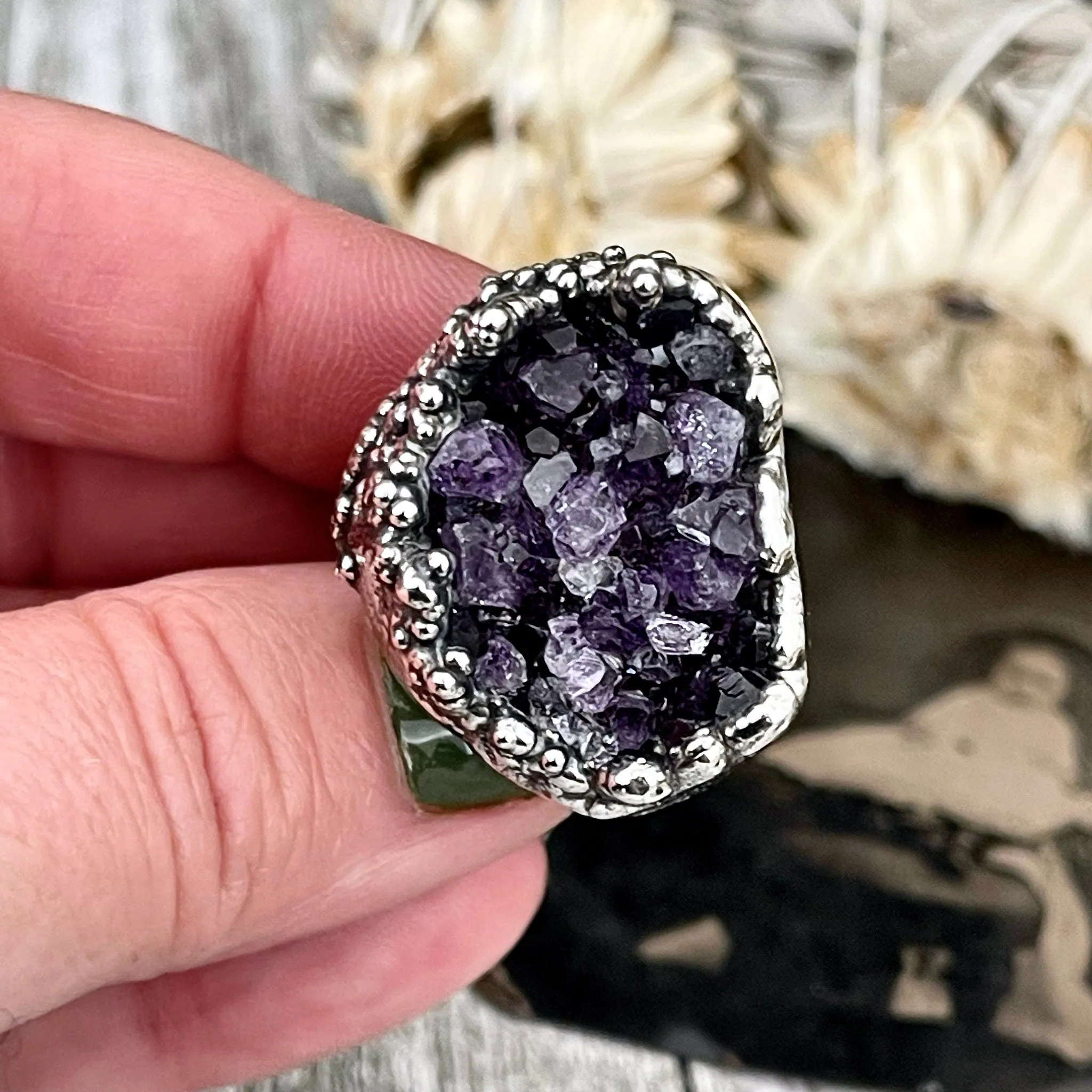 Size 6 Big Raw Amethyst Purple Crystal Ring in Fine Silver / Foxlark Collection - One of a Kind